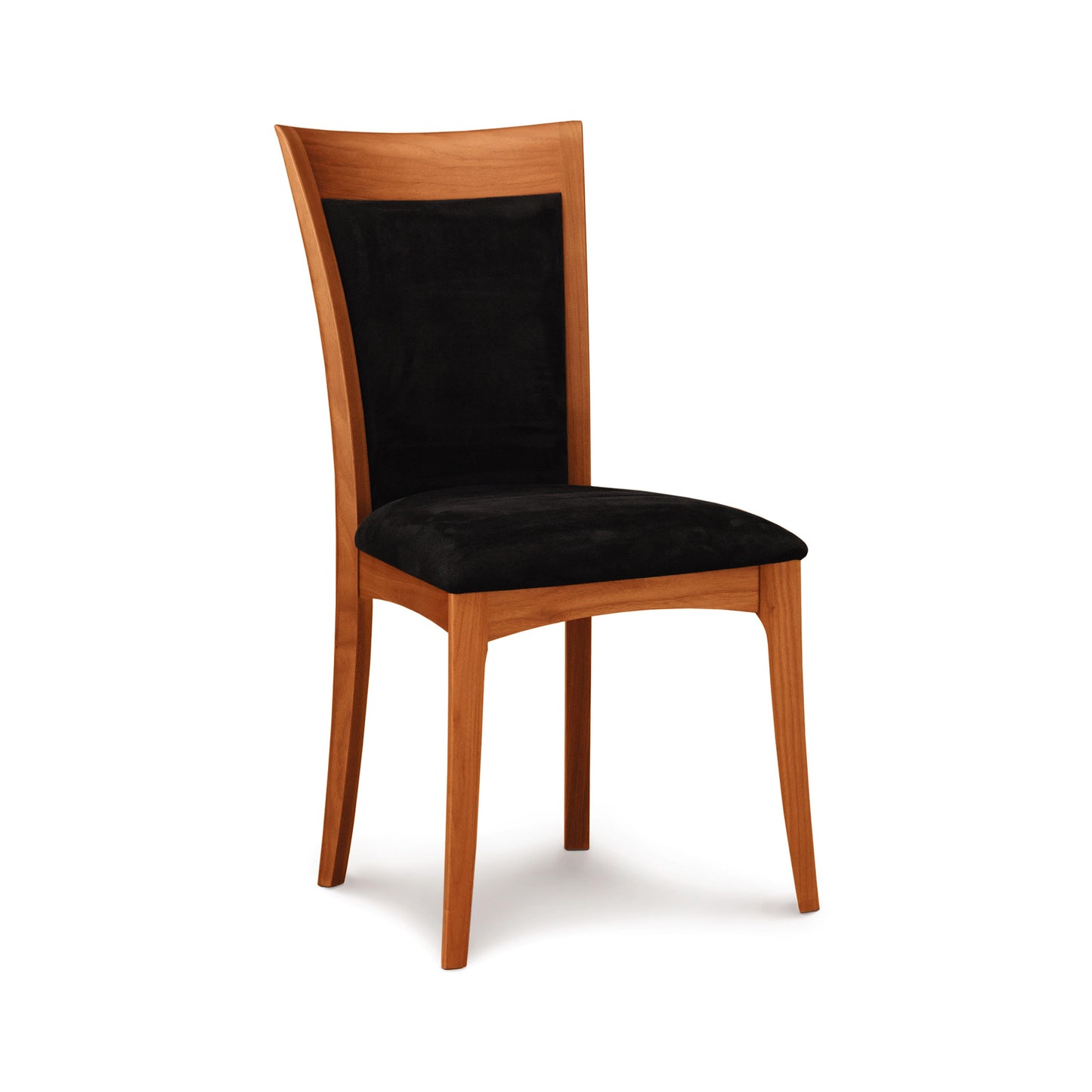 A Morgan Shaker chair from Copeland Furniture with a high, curved backrest and a black upholstered seat, isolated on a white background.