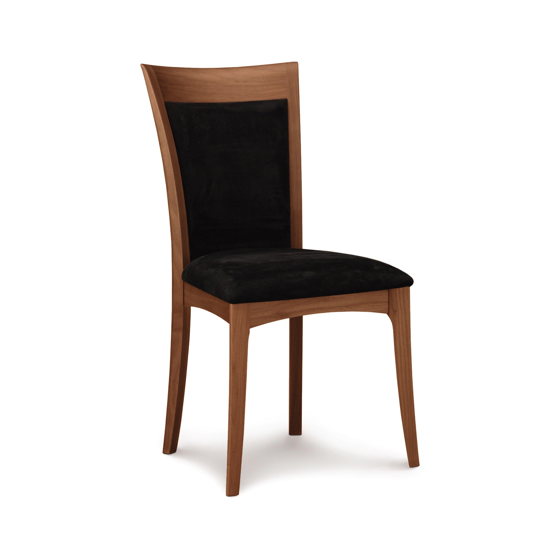 A Morgan Shaker Chair crafted from American Black Cherry, with a black upholstered seat and backrest, against a white background.