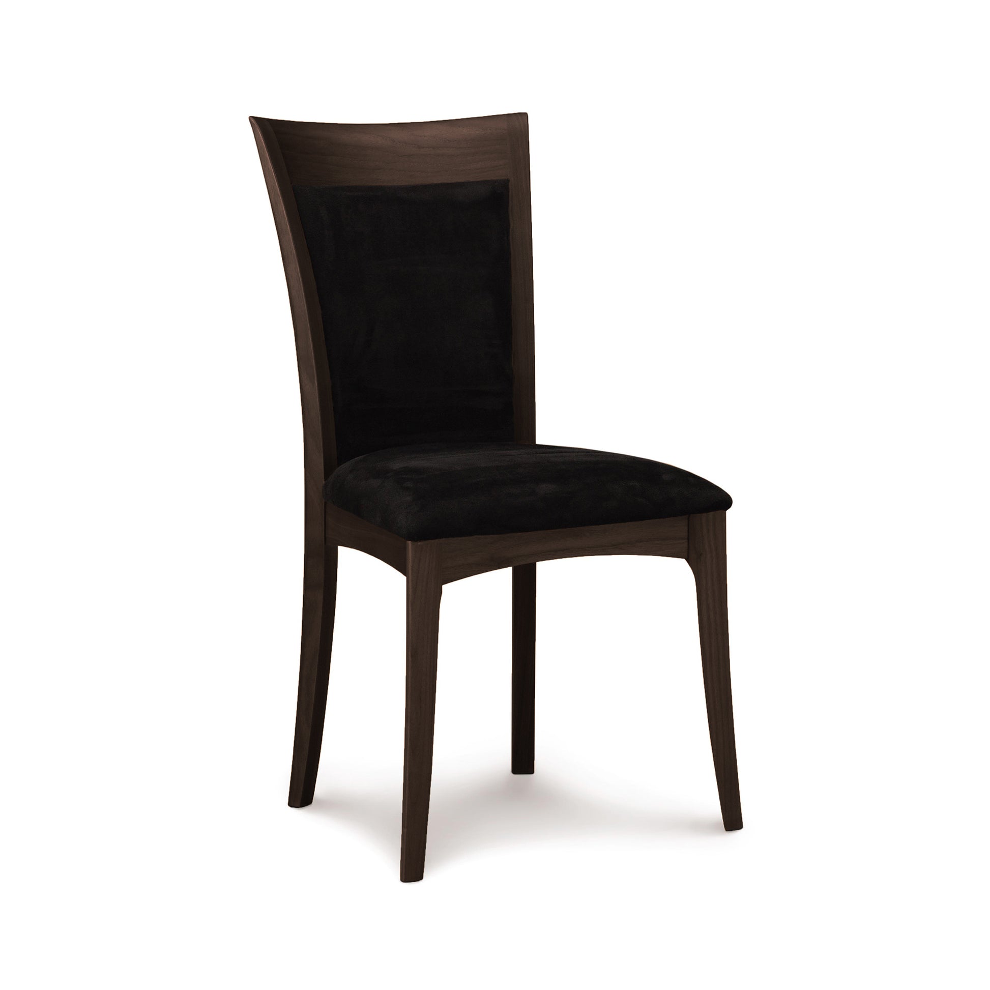 A modern Morgan Shaker Chair by Copeland Furniture with a dark finish and black upholstered seat.