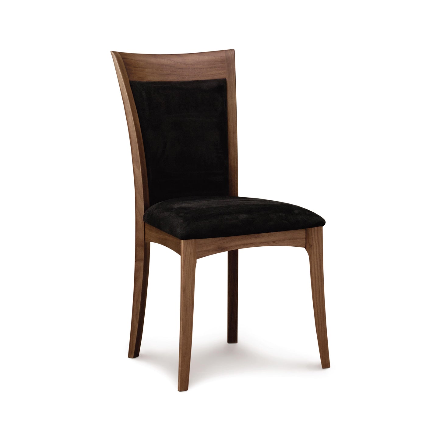 A Morgan Shaker Chair by Copeland Furniture with a curved backrest and a black upholstered seat against a white background.