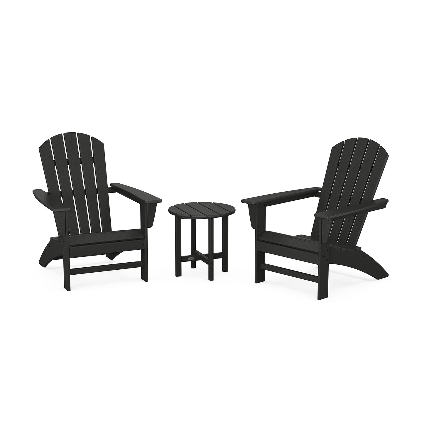 Dark green POLYWOOD Nautical Adirondack chairs with matching side table, crafted eco-friendly from wood.