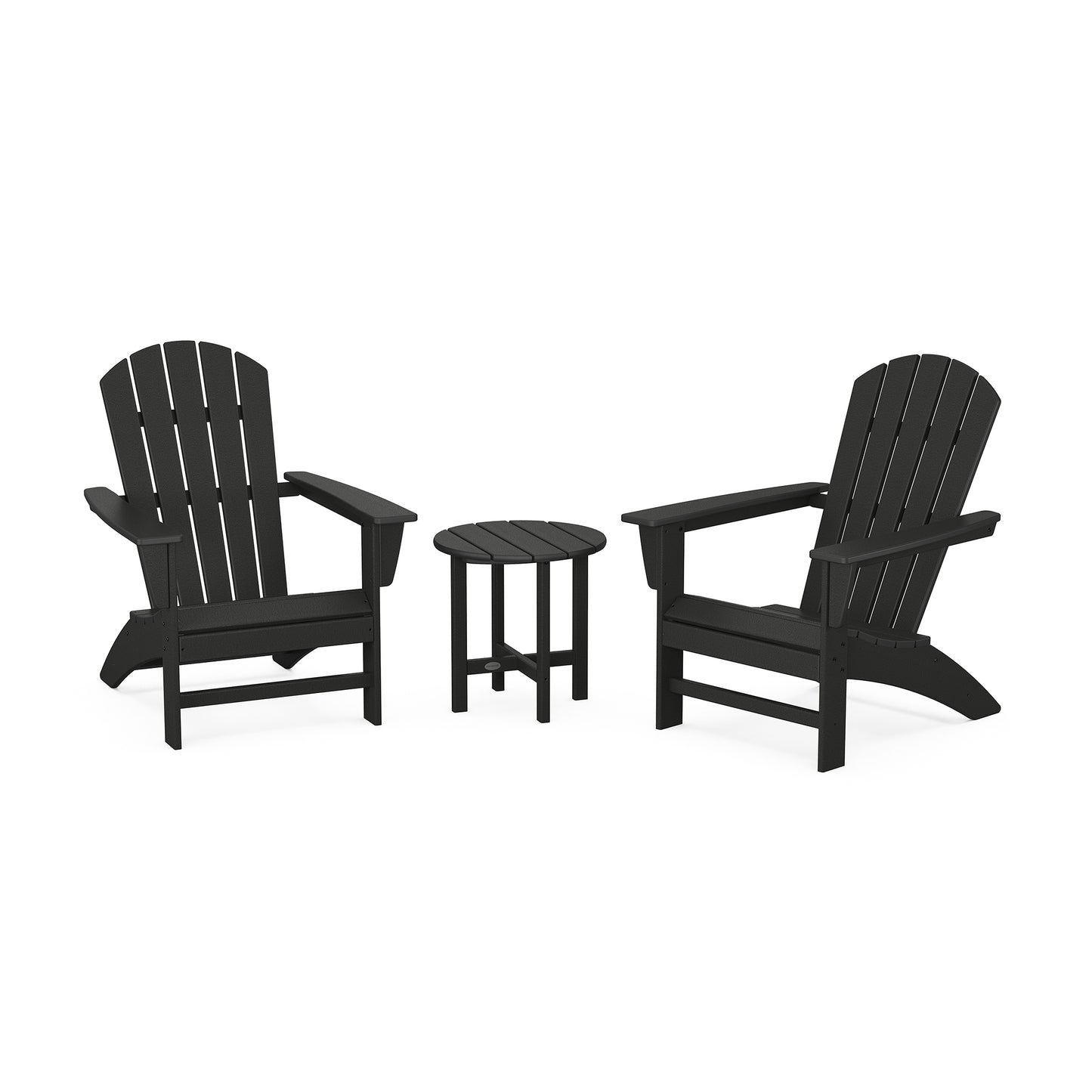 Two black POLYWOOD Nautical 3-Piece Adirondack Sets facing each other with a small round table between them, set against a plain white background.