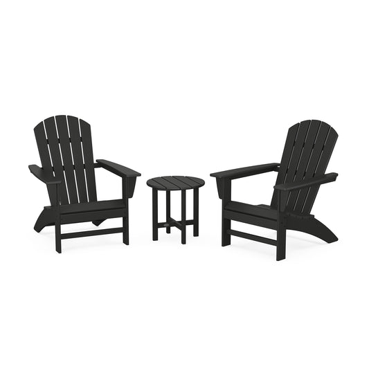POLYWOOD Nautical Adirondack chairs with armrests and a round side table.