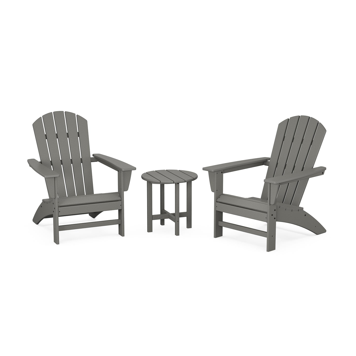 Gray POLYWOOD Nautical Adirondack chairs with matching round side table.