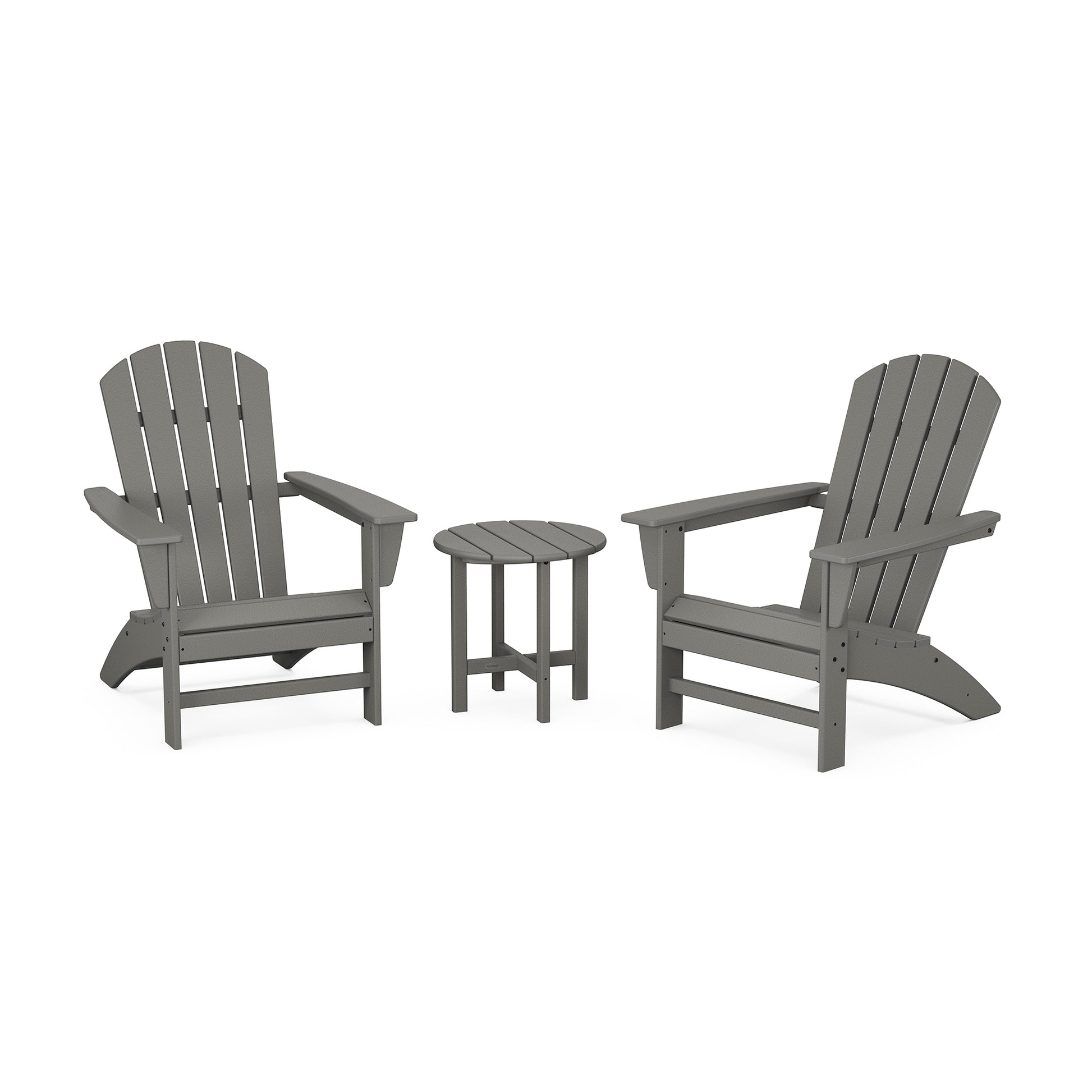Gray POLYWOOD Nautical Adirondack chairs with matching round side table.