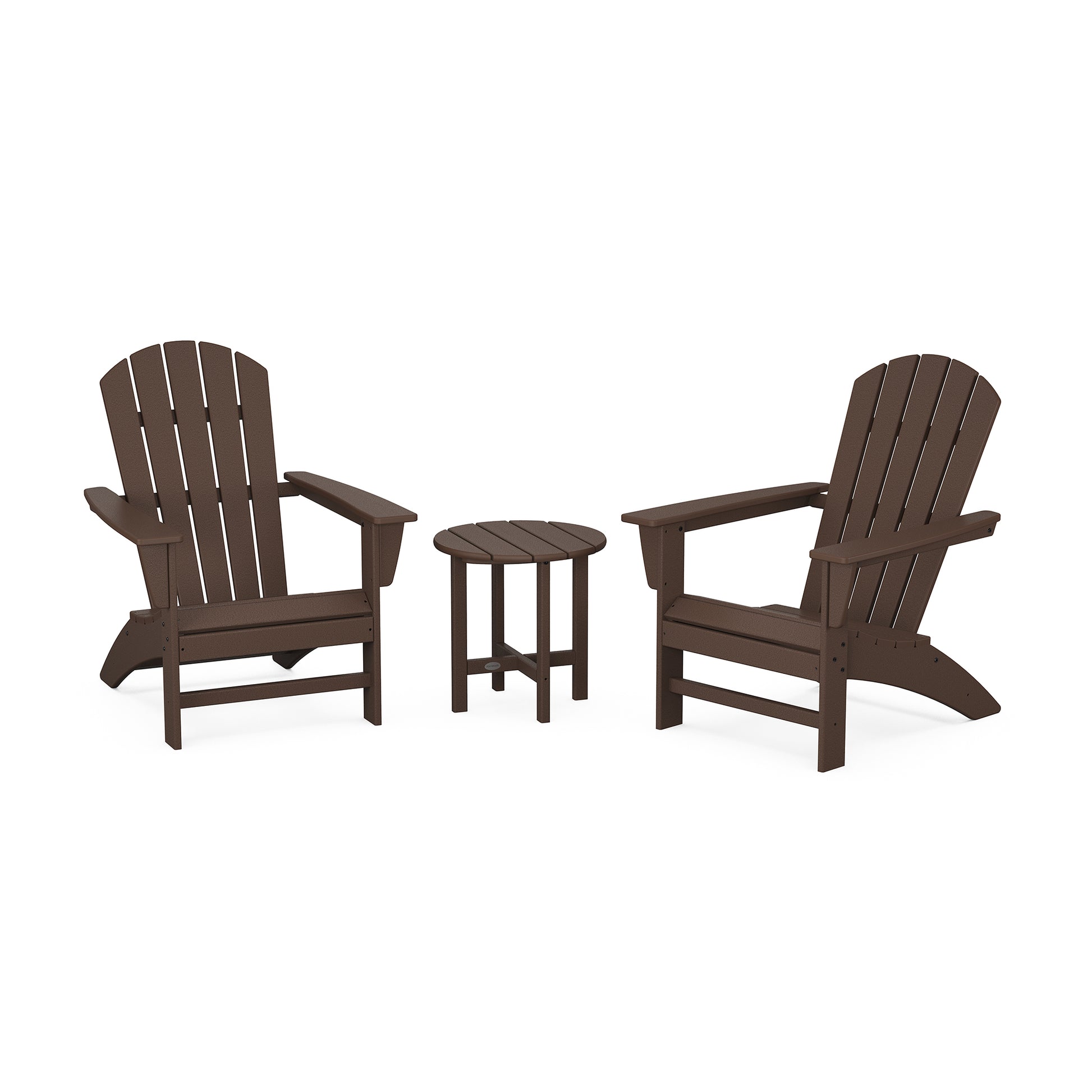 Two brown POLYWOOD Nautical 3-Piece Adirondack Sets facing each other with a small round table between them, set against a plain white background.
