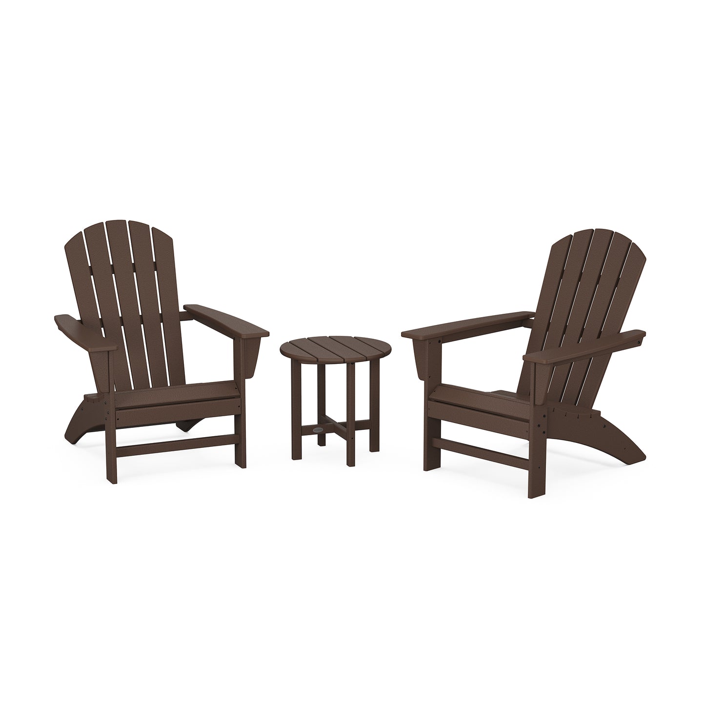 POLYWOOD Nautical 3-Piece Adirondack Set featuring two chairs and a small round table, showcased on a minimalist white background.