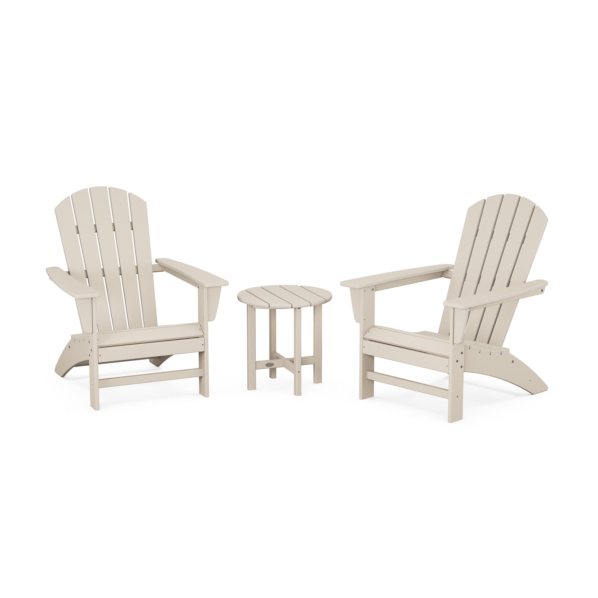 Two beige POLYWOOD Nautical 3-Piece Adirondack Sets with a small matching side table between them, displayed on a white background. The furniture design features slatted backs and seats with sturdy armrests.