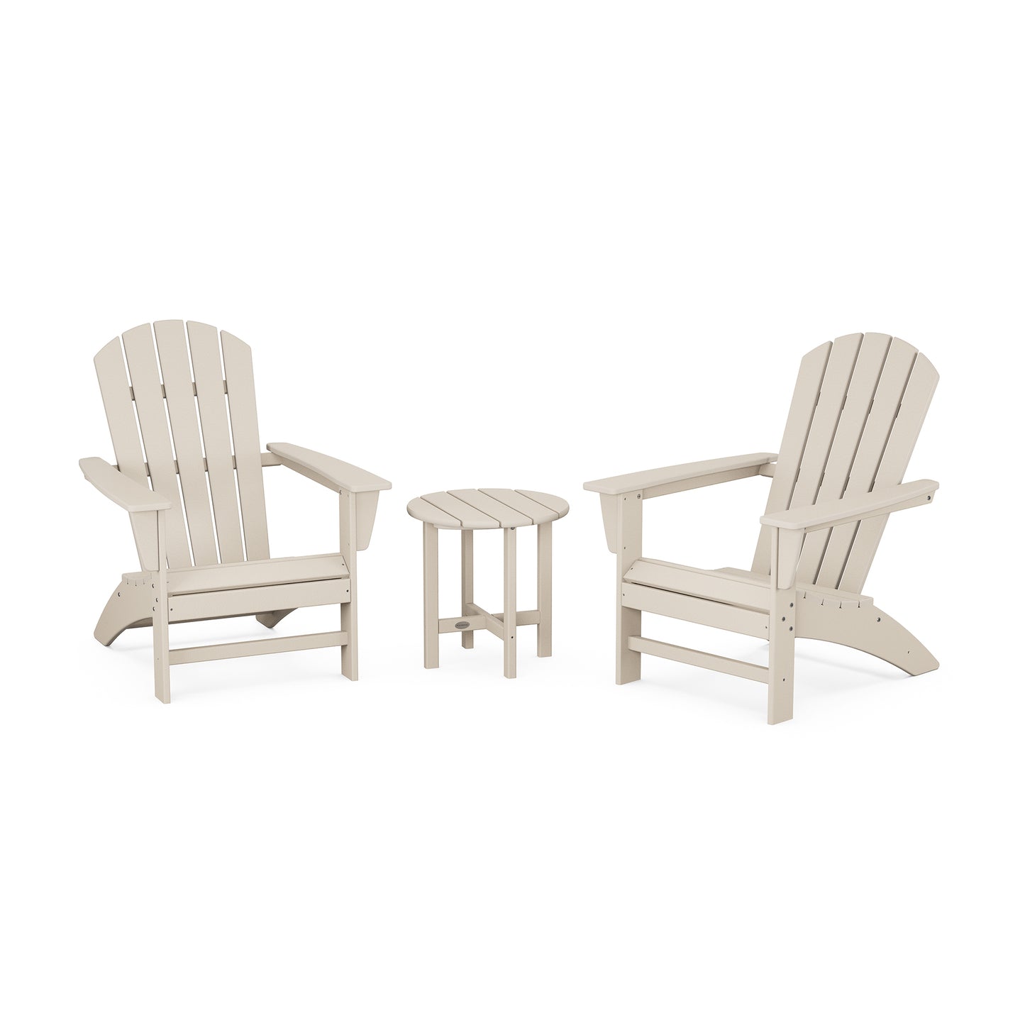 POLYWOOD Nautical 3-Piece Adirondack Set featuring two eco-friendly Adirondack chairs with a matching side table.