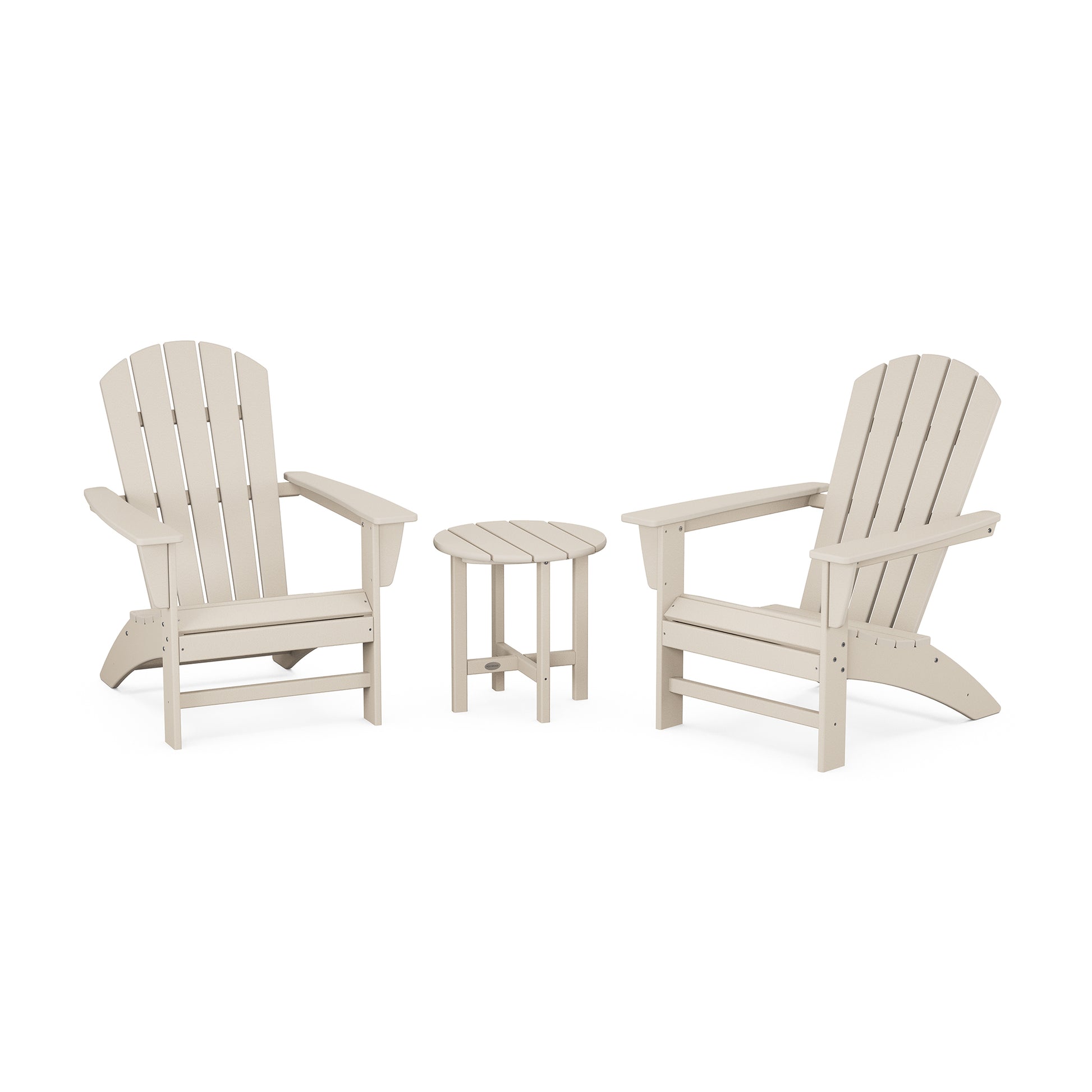 POLYWOOD Nautical 3-Piece Adirondack Set featuring two eco-friendly Adirondack chairs with a matching side table.
