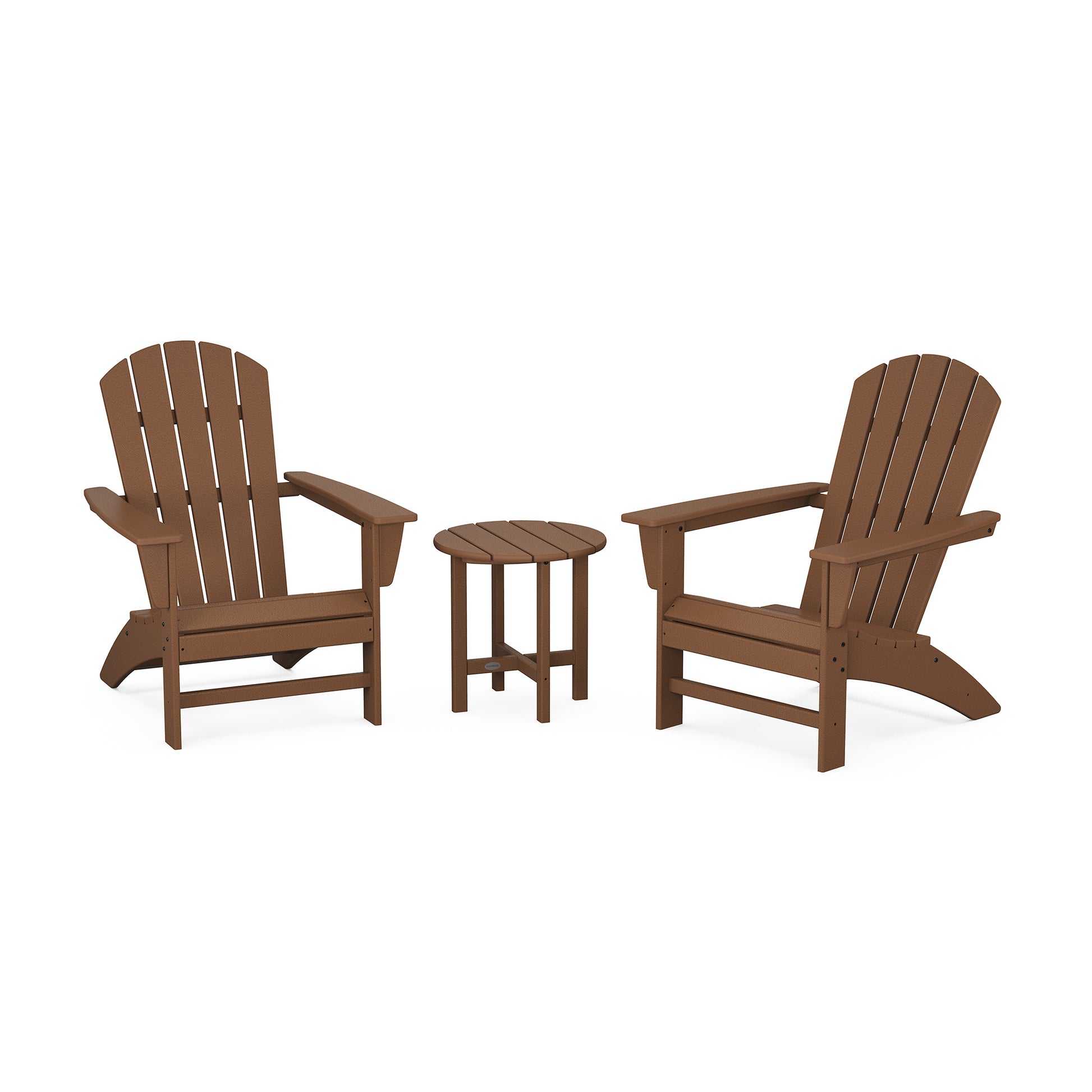 Two brown POLYWOOD Nautical 3-Piece Adirondack Sets with a matching small round table between them, displayed on a plain white background.