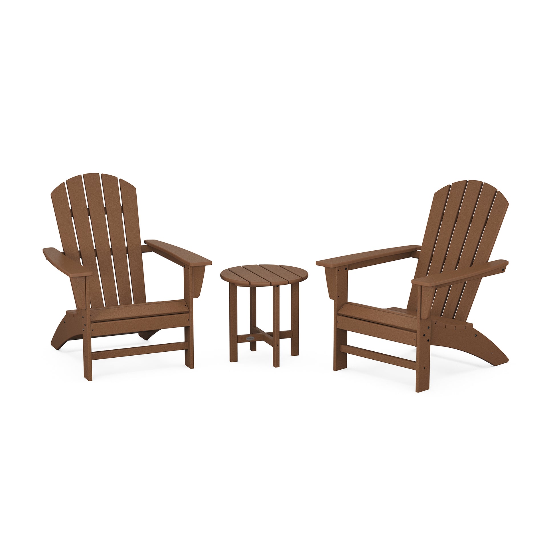 POLYWOOD Nautical 3-Piece Adirondack Set featuring two eco-friendly chairs with wide armrests and a coordinating side table.