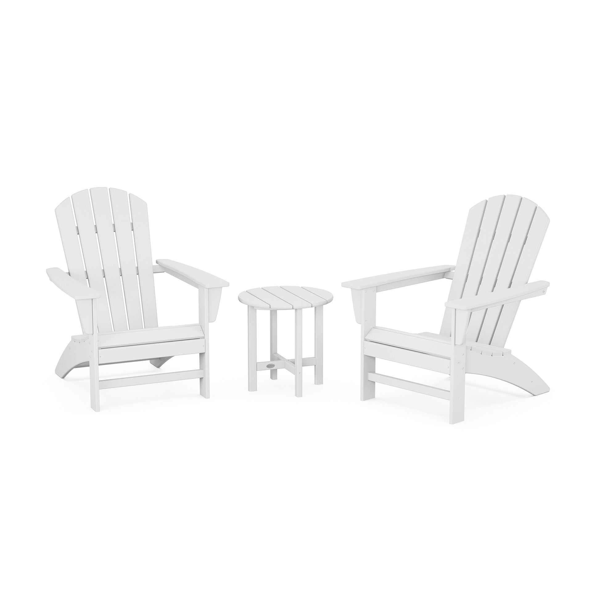 Two white POLYWOOD Nautical 3-Piece Adirondack sets facing each other with a small round table between them, all set against a plain white background.