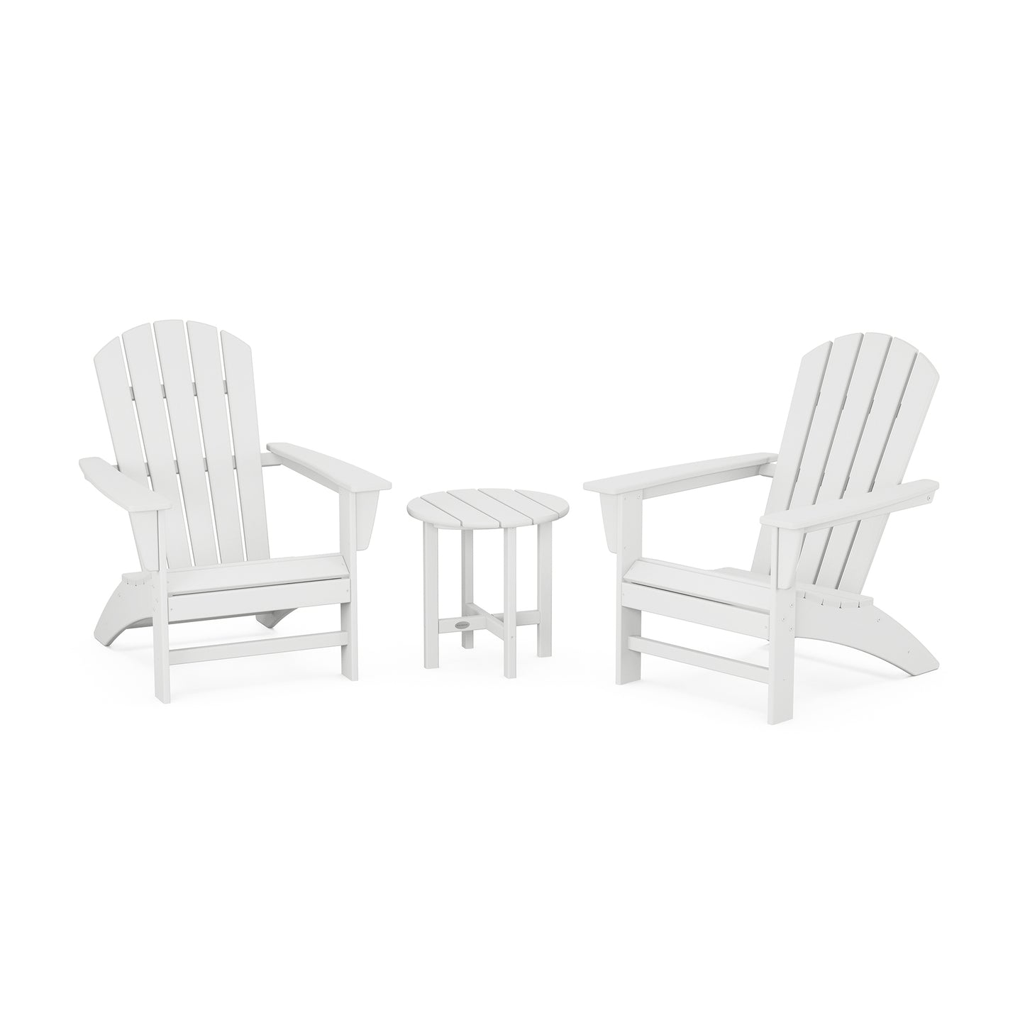 POLYWOOD Nautical 3-Piece Adirondack Set with two white eco-friendly chairs and a matching small round table.