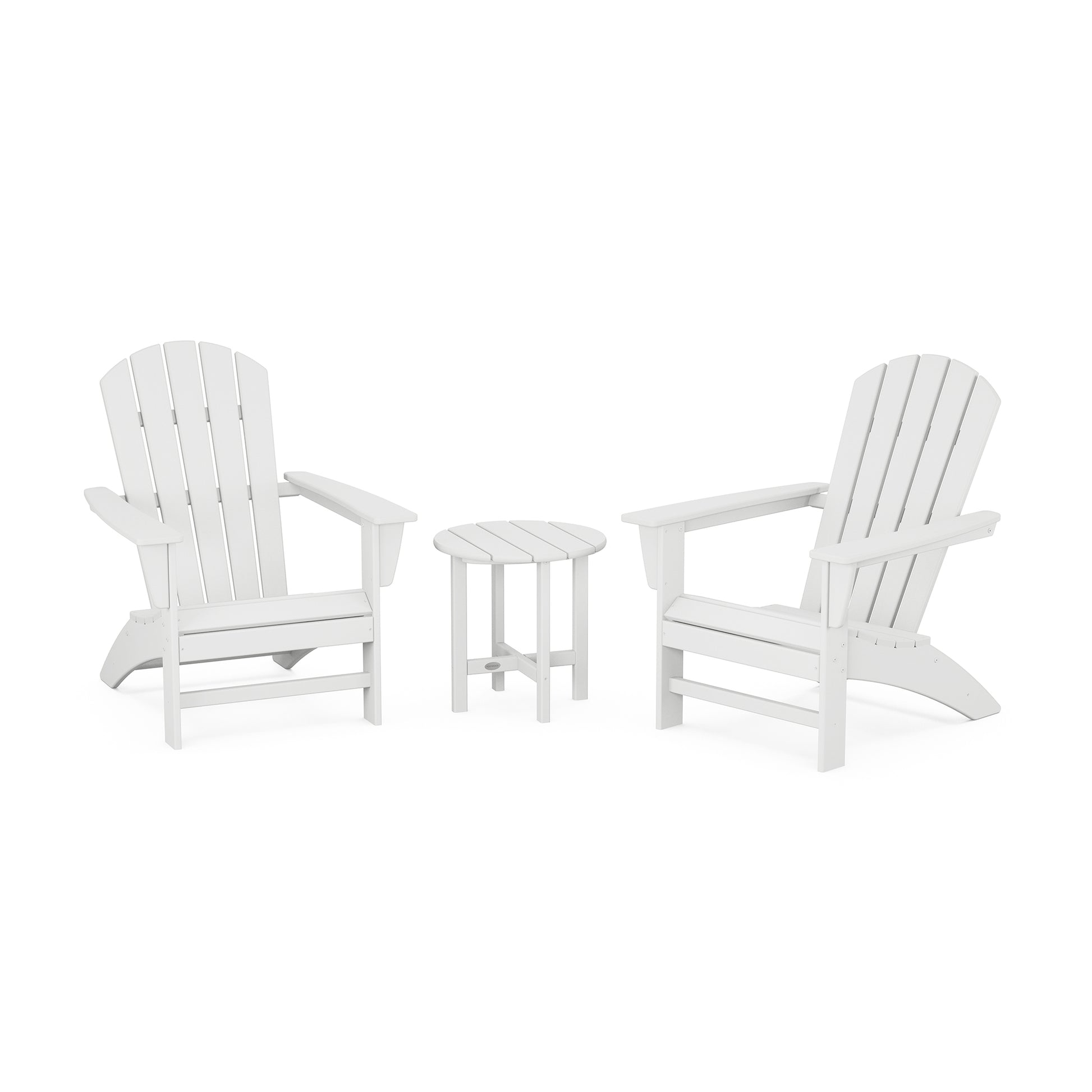 POLYWOOD Nautical 3-Piece Adirondack Set with two white eco-friendly chairs and a matching small round table.