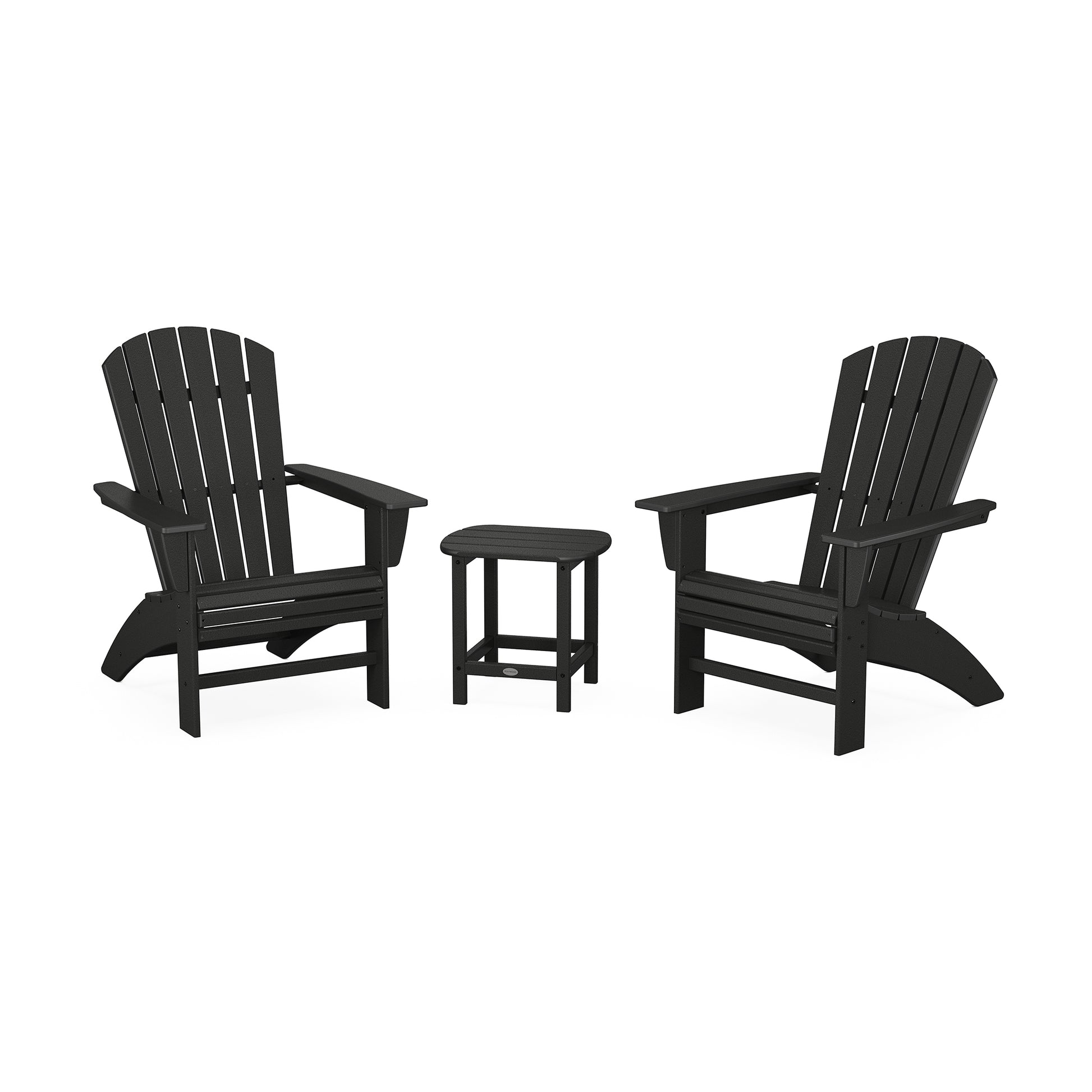 Black POLYWOOD Nautical Adirondack chairs with matching table, showcasing durable craftsmanship for outdoor relaxation.