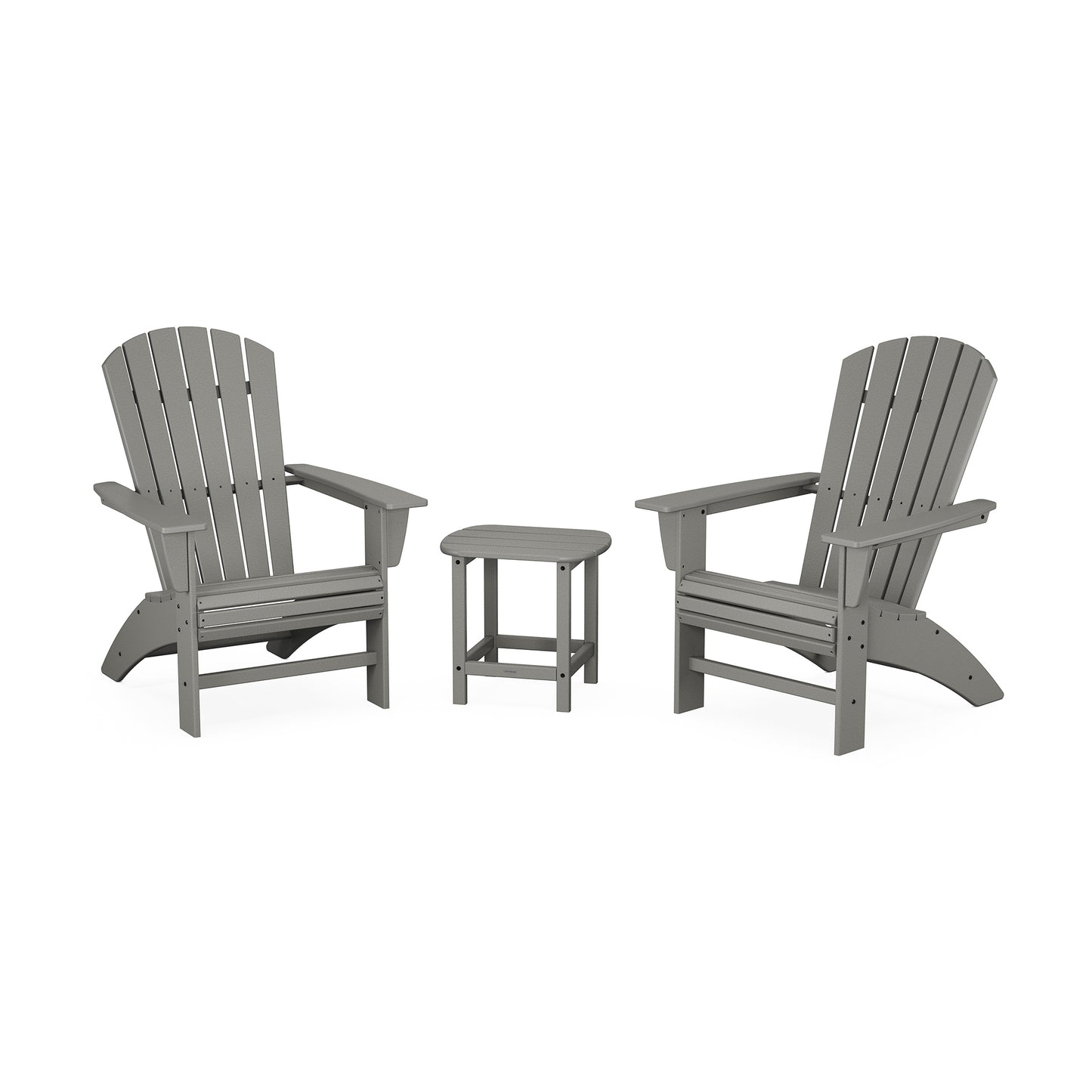 Gray POLYWOOD Nautical Curveback Adirondack chairs with matching table set for outdoor comfort.