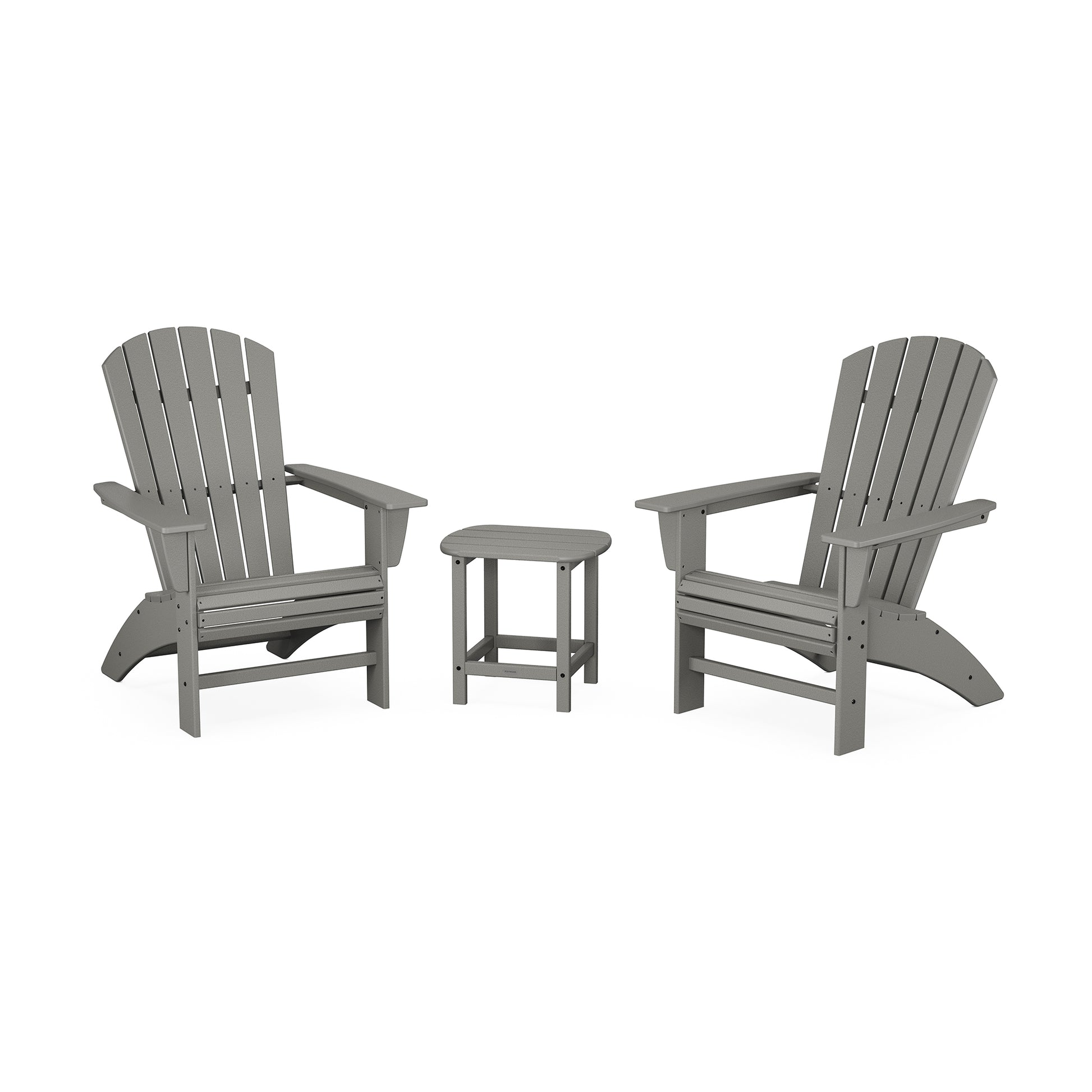 Gray POLYWOOD Nautical Curveback Adirondack chairs with matching table set for outdoor comfort.