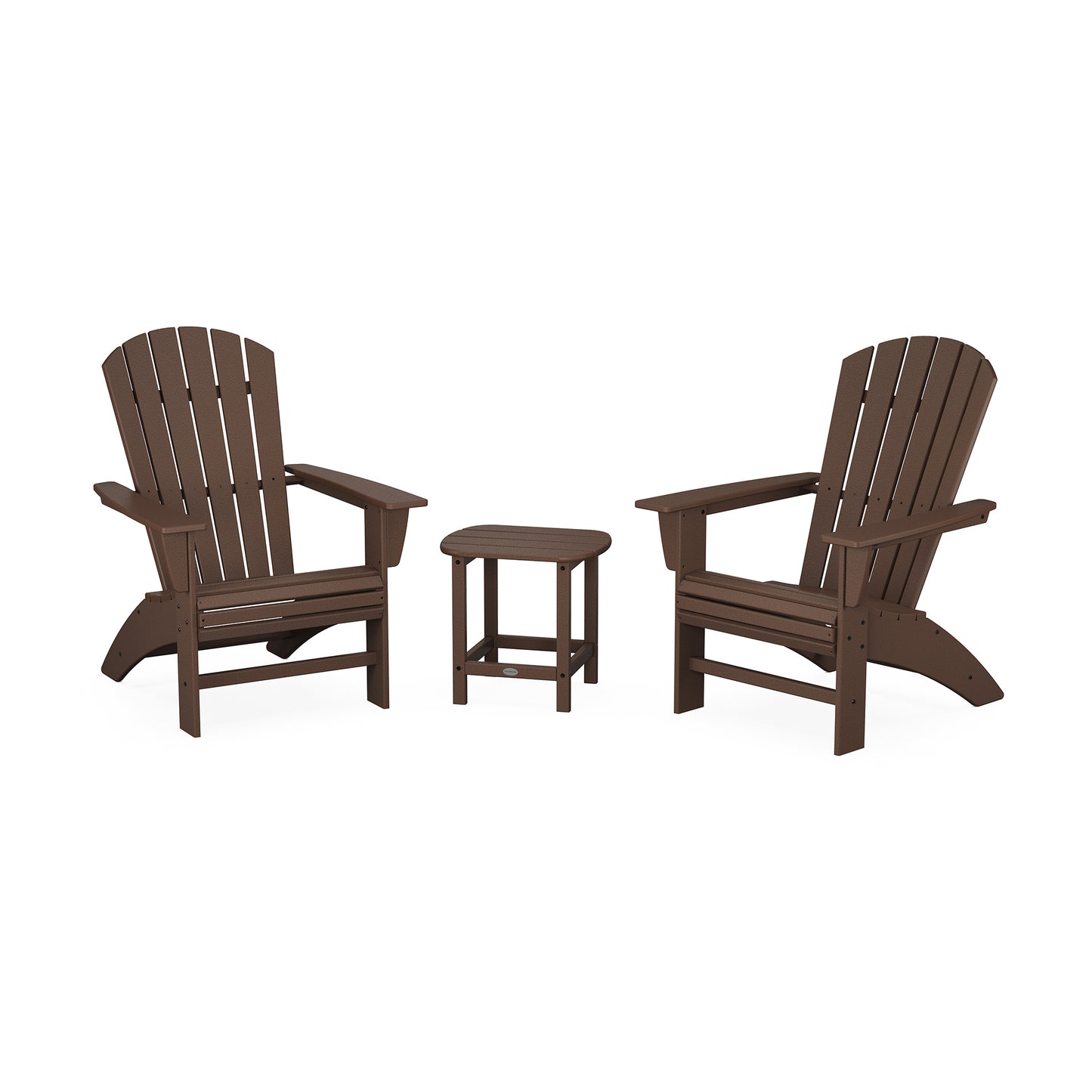 POLYWOOD Nautical 3-Piece Curveback Adirondack Set with two Adirondack chairs and a side table for optimal outdoor comfort.