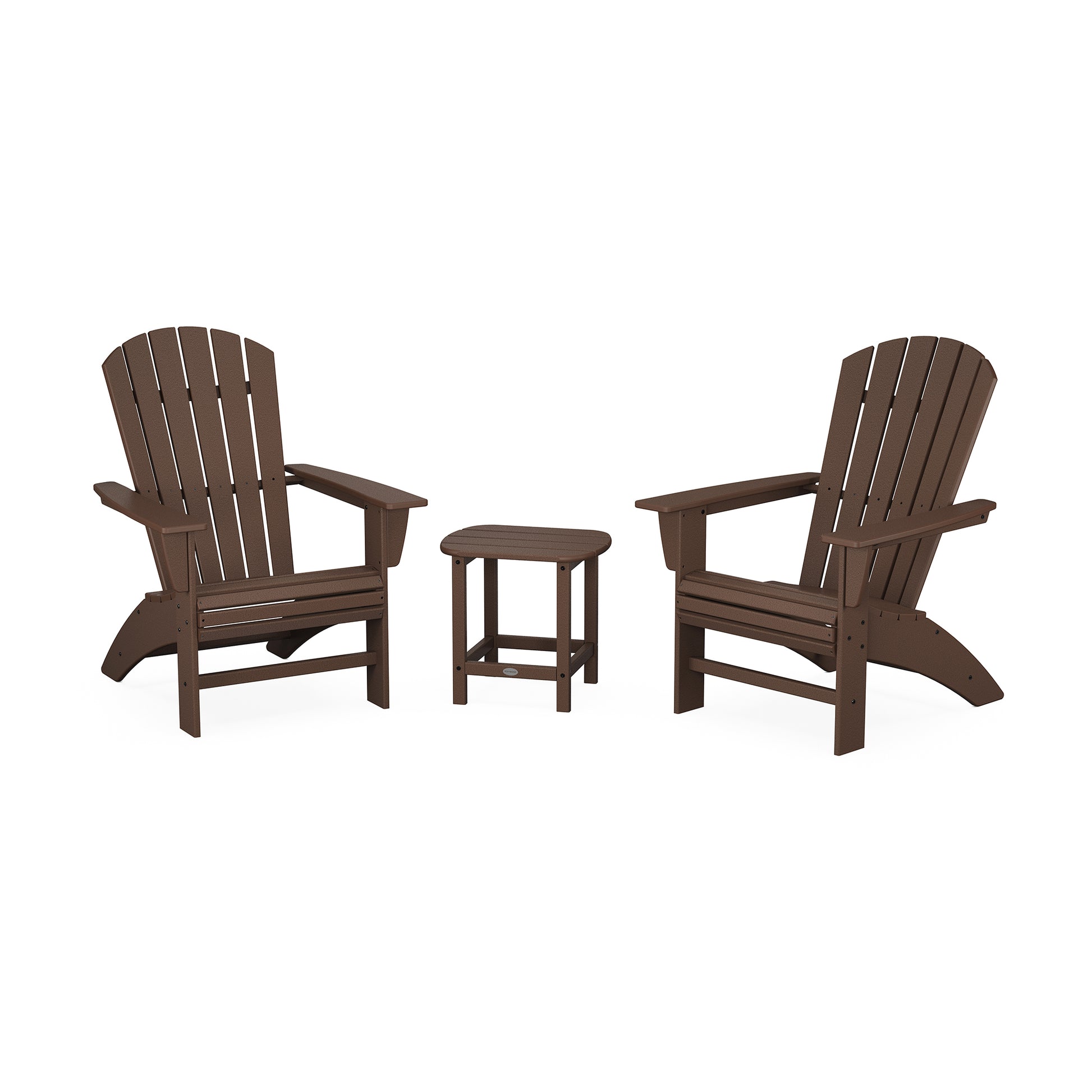 POLYWOOD Nautical 3-Piece Curveback Adirondack Set with two Adirondack chairs and a side table for optimal outdoor comfort.