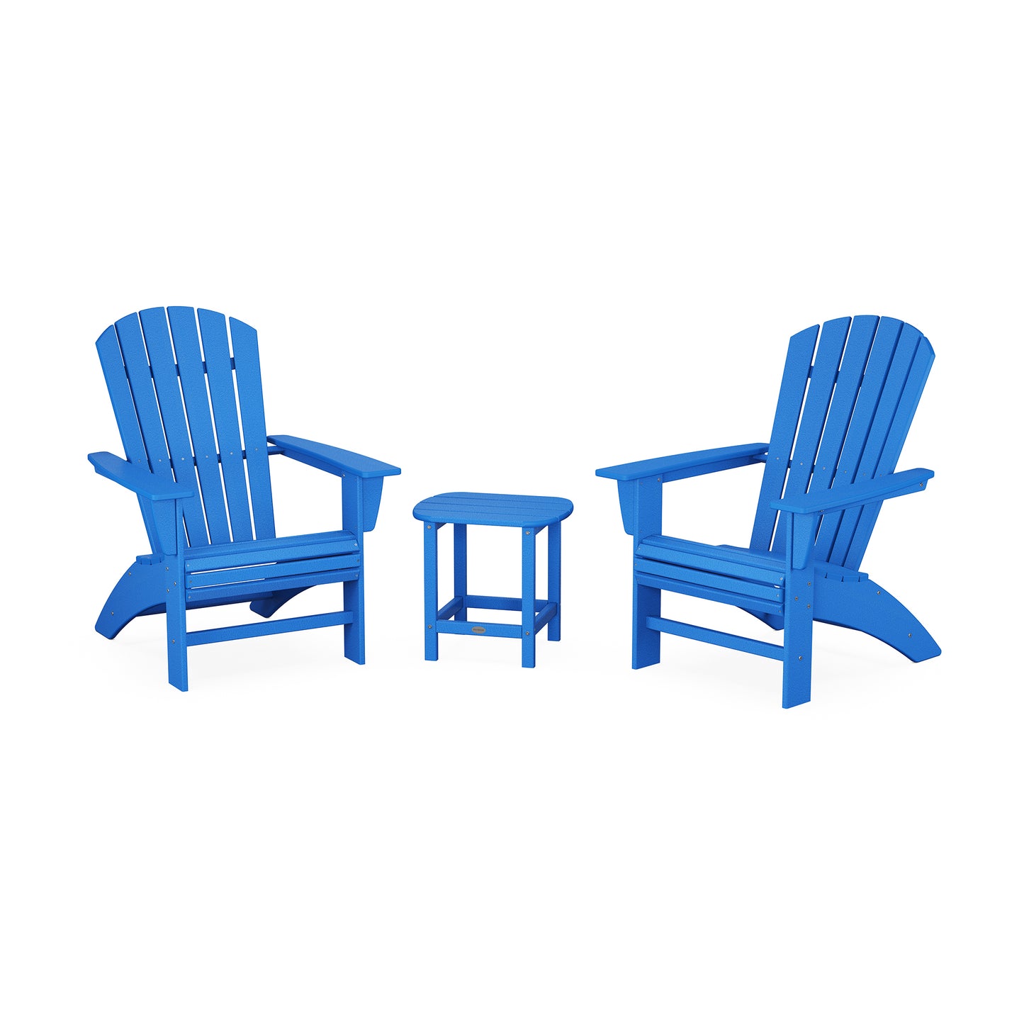 POLYWOOD Nautical 3-Piece Curveback Adirondack Set with two blue chairs and a side table.