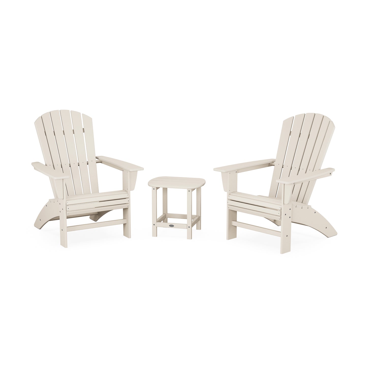Beige POLYWOOD Nautical Adirondack chairs with a round table set, ideal for outdoor relaxation.