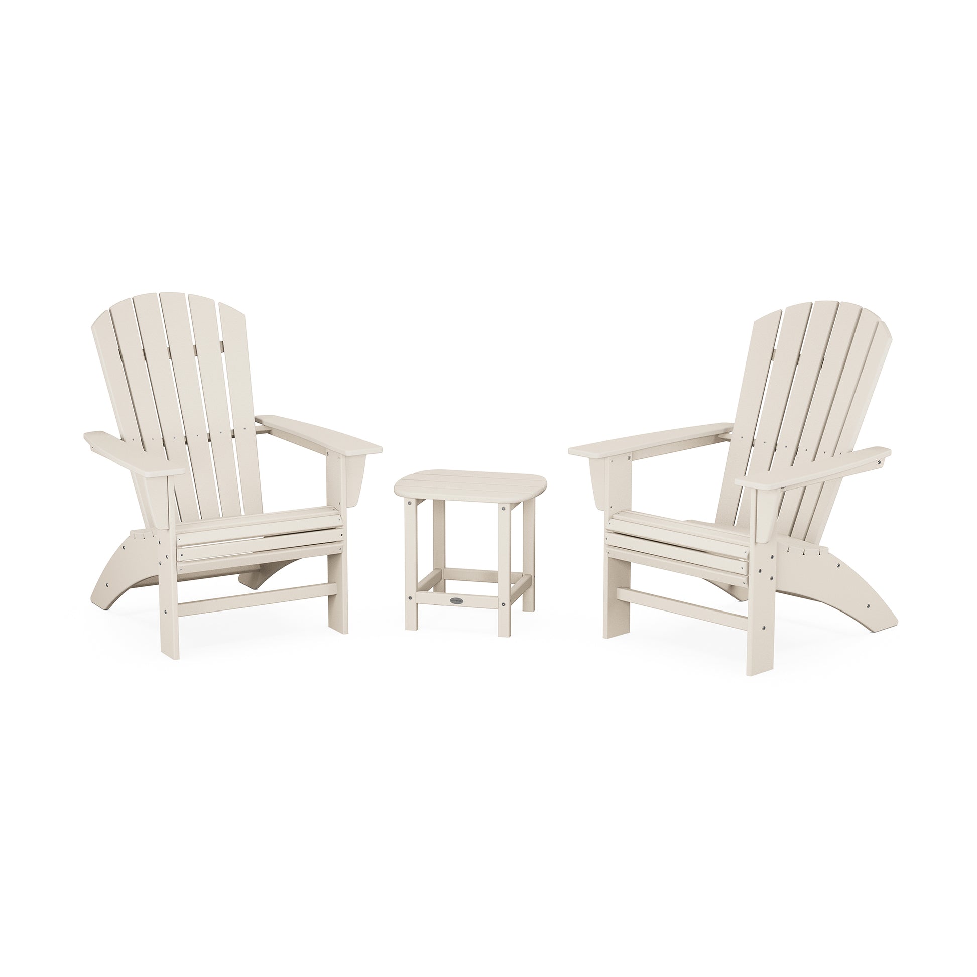 Beige POLYWOOD Nautical Adirondack chairs with a round table set, ideal for outdoor relaxation.