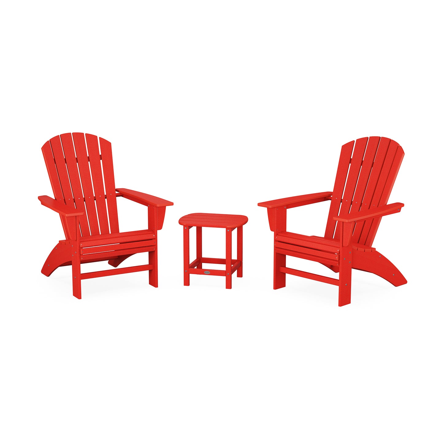 POLYWOOD Nautical 3-Piece Curveback Adirondack Set with two chairs and a matching side table.