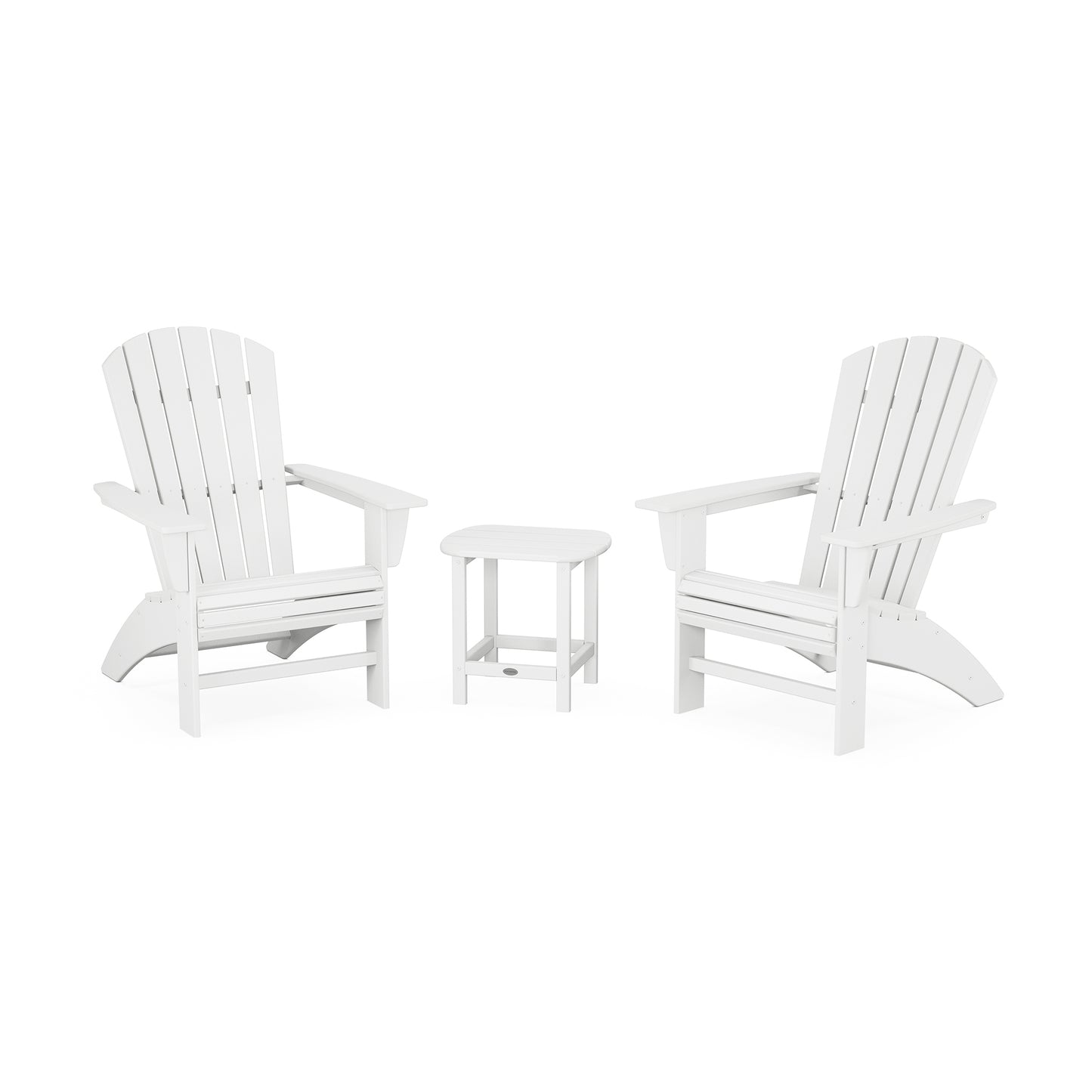 POLYWOOD Nautical 3-Piece Adirondack Set featuring two Curveback chairs and a small table for outdoor relaxation.