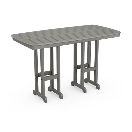 Gray POLYWOOD Nautical Bar Table with slatted surface made from durable POLYWOOD lumber.