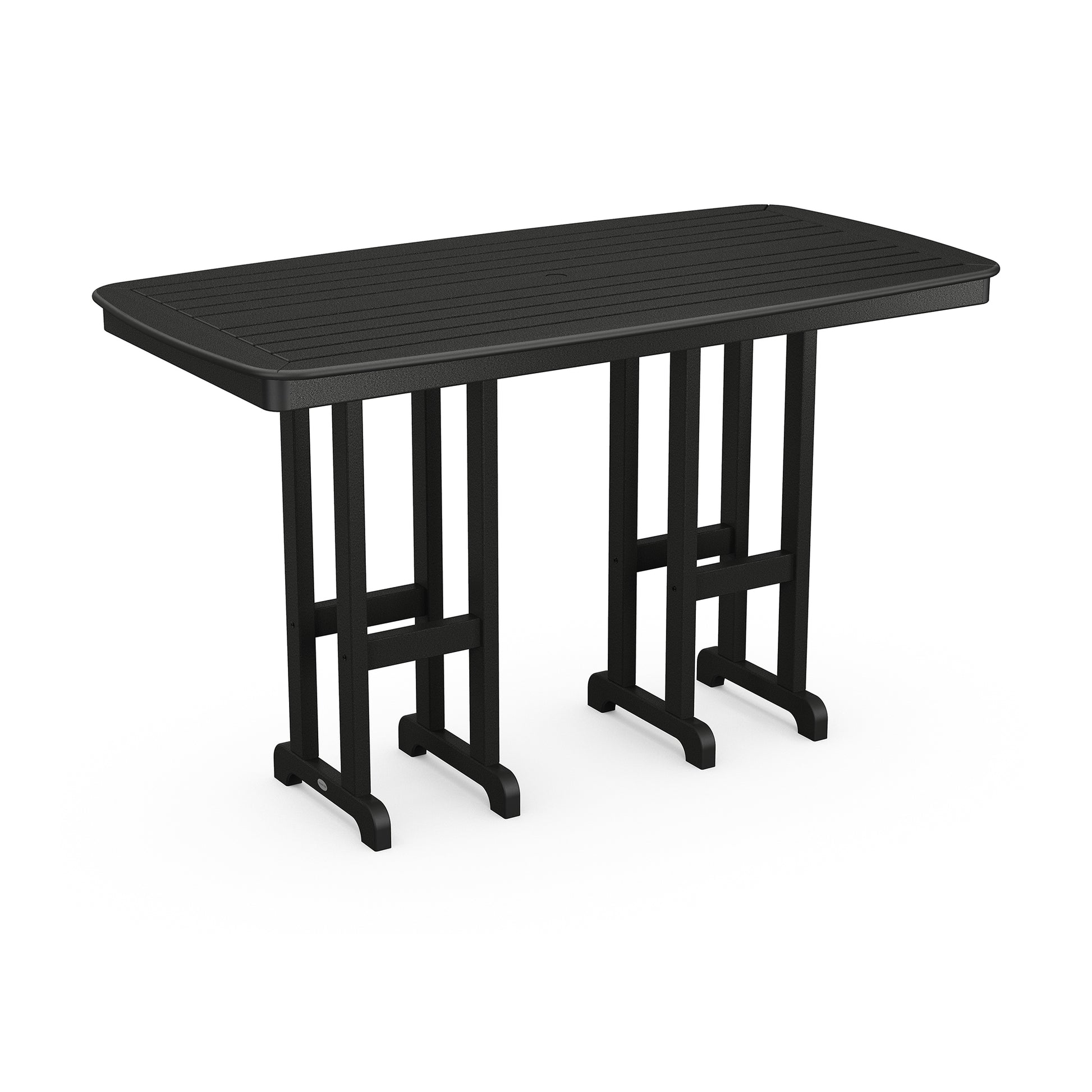A black rectangular folding POLYWOOD Nautical 37" x 72" bar height table with a textured surface and metal legs, isolated on a white background.