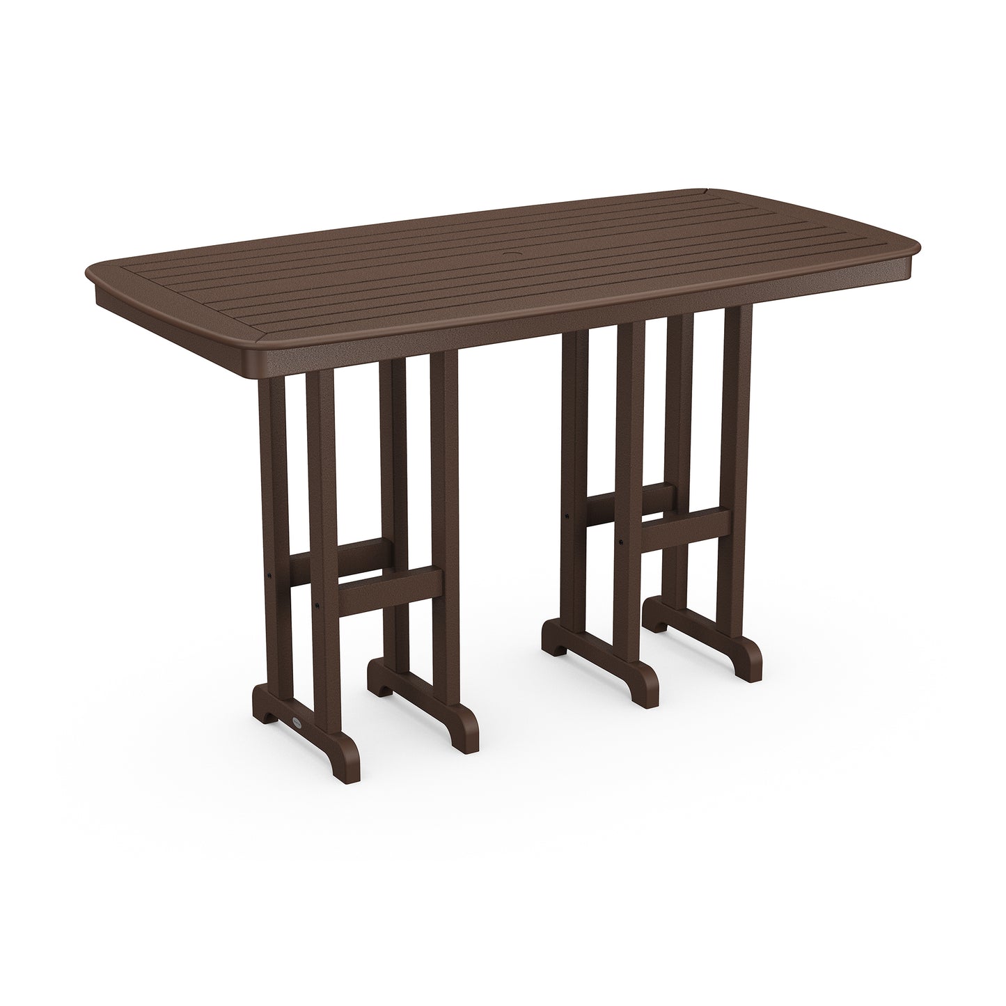 POLYWOOD Nautical 37" x 72" Bar Table with six vertical legs and slatted top.