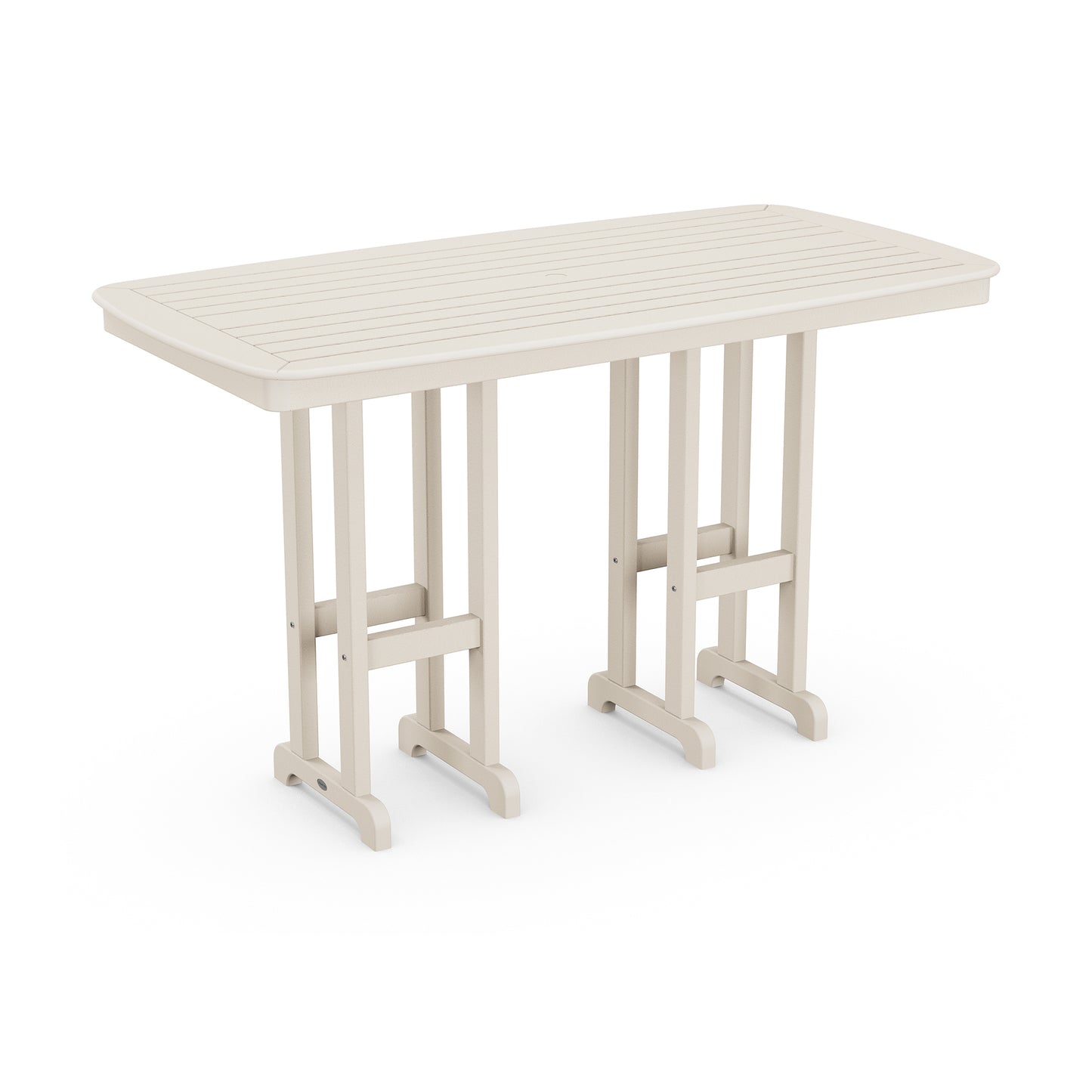 POLYWOOD Nautical 37" x 72" Bar Table in beige with slatted top and tri-fold legs, perfect for outdoor dining.