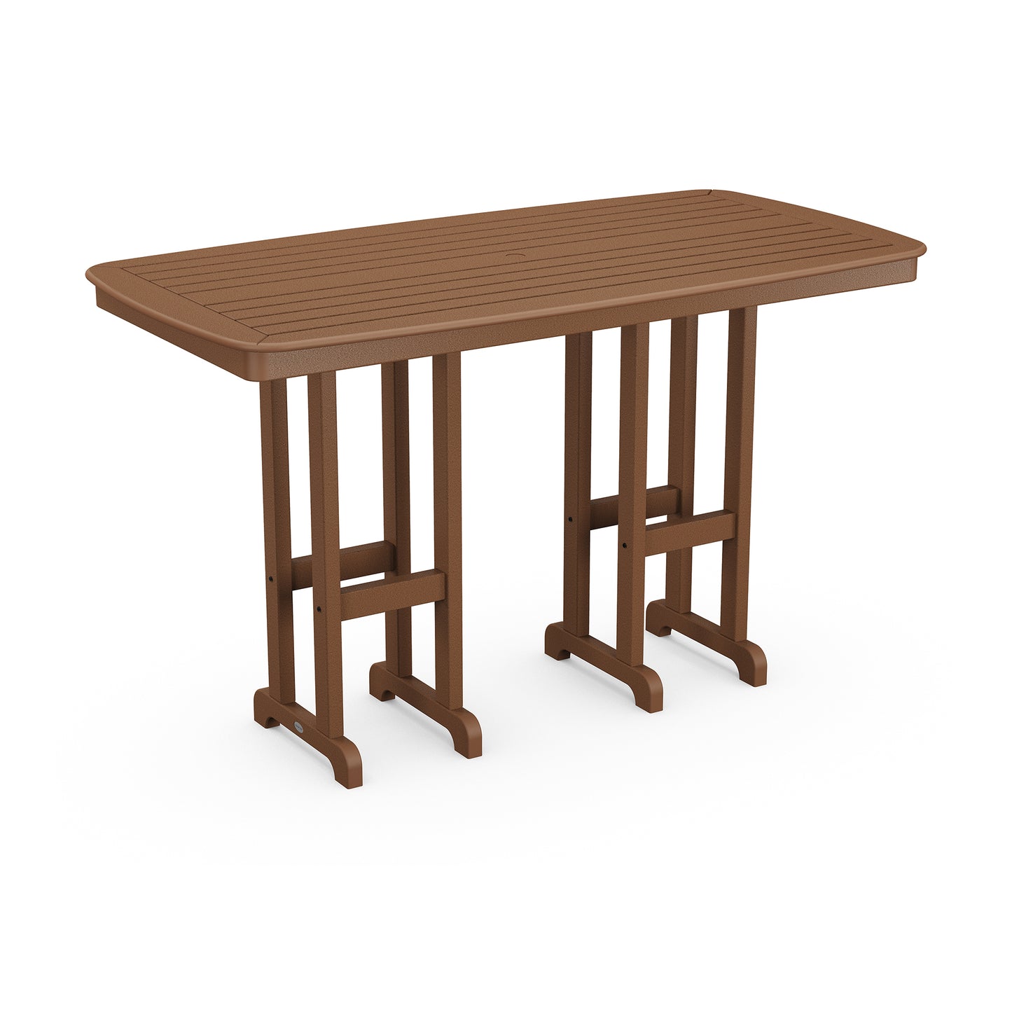 POLYWOOD Nautical 37"x72" brown slatted wood bar table with foldable legs.