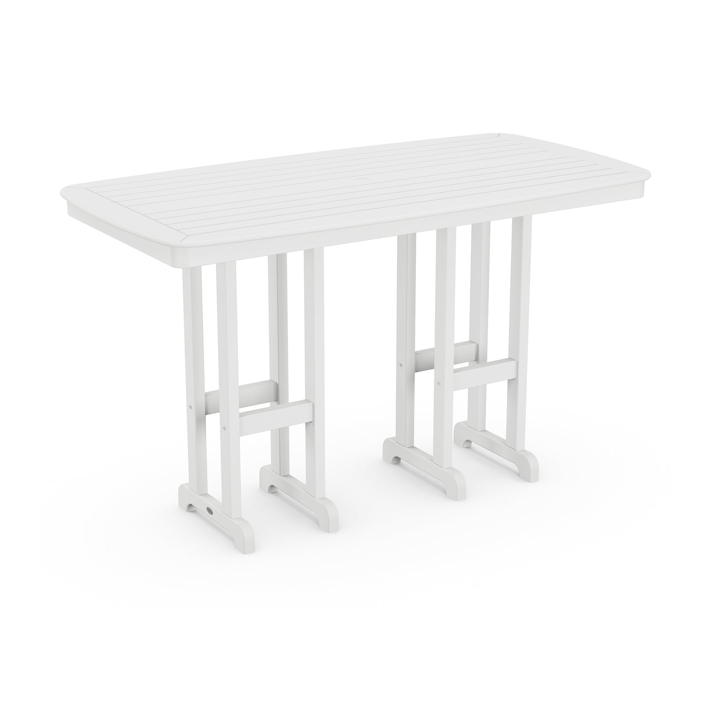 A white, modern POLYWOOD Nautical 37" x 72" Bar Table with a slatted top and metal legs, featuring a simple, clean design. The table is shown on a plain white background.