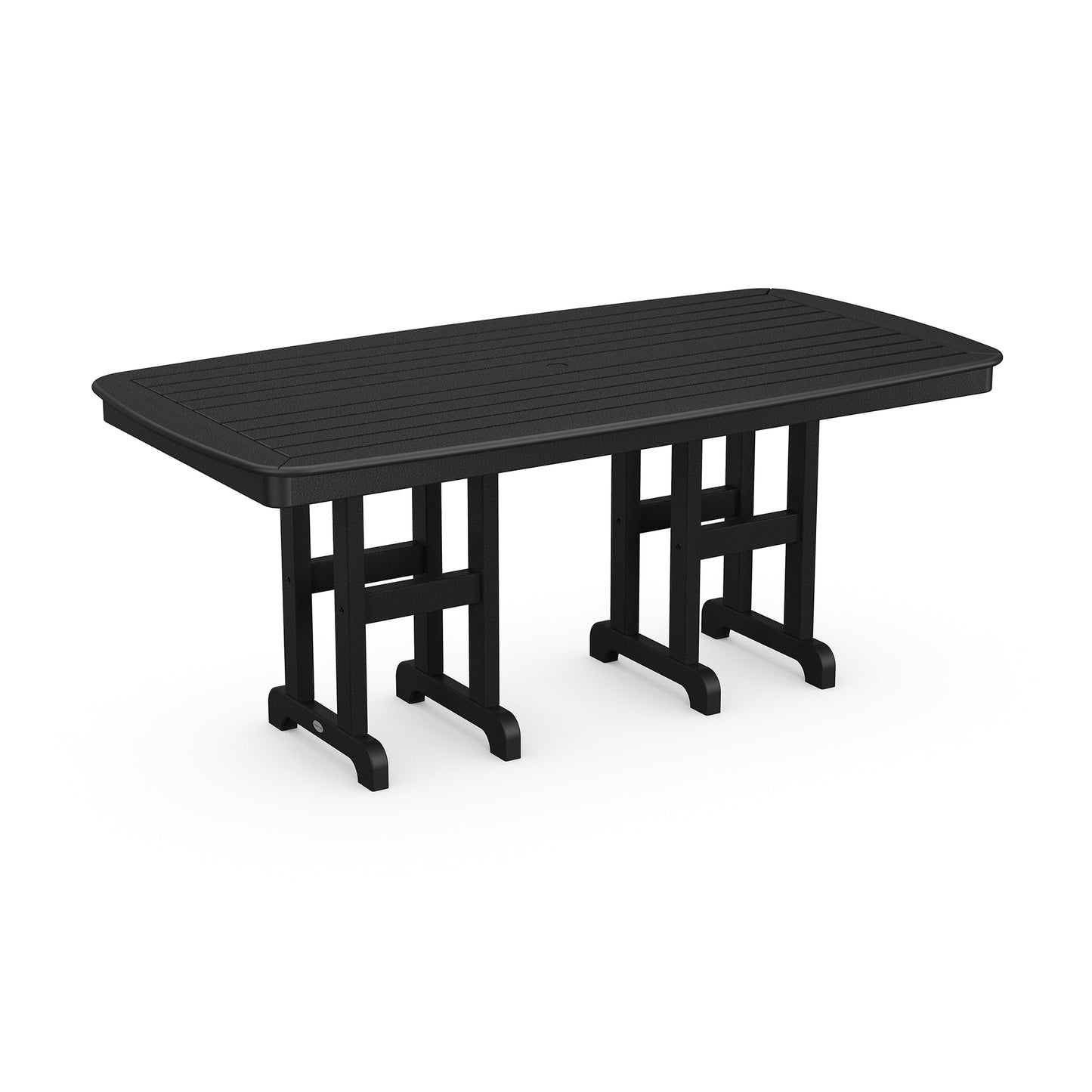 A modern black POLYWOOD Nautical 37" x 72" Rectangular Dining Table featuring a ribbed surface texture with an oblong top and four sturdy legs, isolated on a white background.