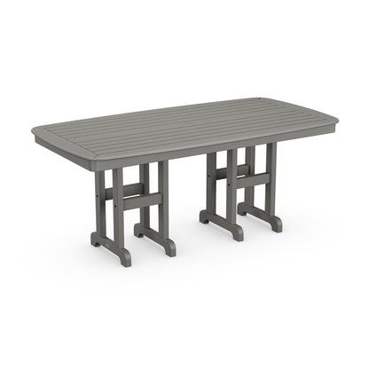 3D illustration of a modern, rectangular, gray POLYWOOD Nautical 37" x 72" Rectangular Dining Table with attached benches on either side, isolated on a white background.