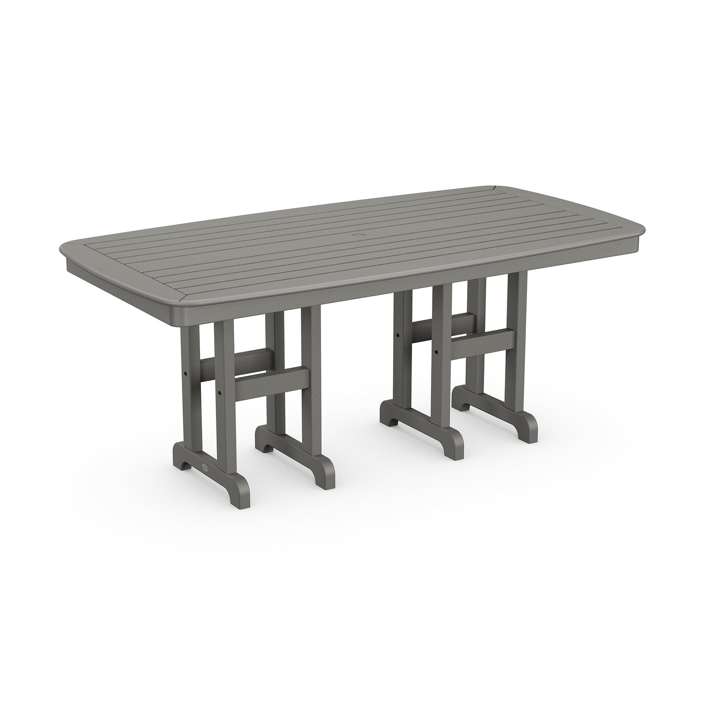 Gray POLYWOOD Nautical dining table, 37" x 72", with slatted top and weather-resistant three-legged base.
