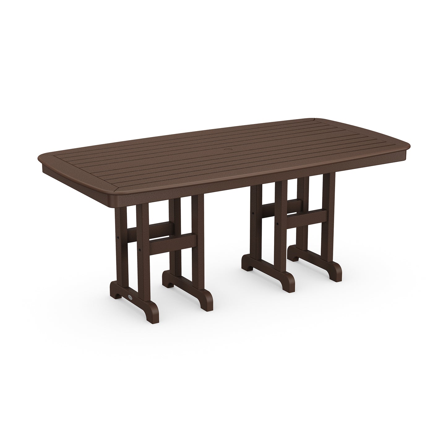 A rectangular brown POLYWOOD Nautical 37" x 72" dining table with attached benches on both sides, set against a white background. The table and benches feature a slatted design.