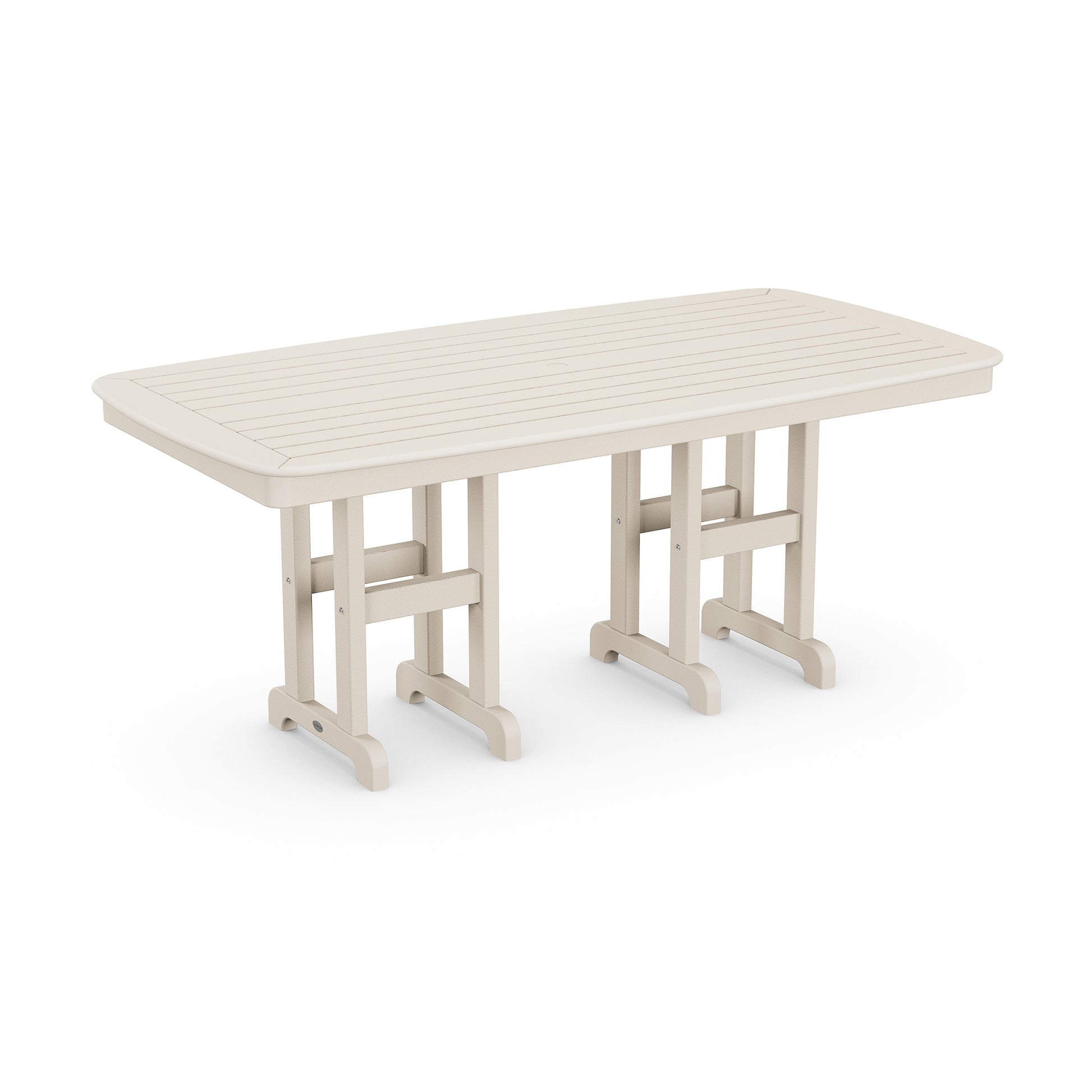 A light beige POLYWOOD Nautical 37" x 72" Rectangular Dining Table arranged in a horizontal orientation on a white background, featuring a slatted top design and sturdy legs.
