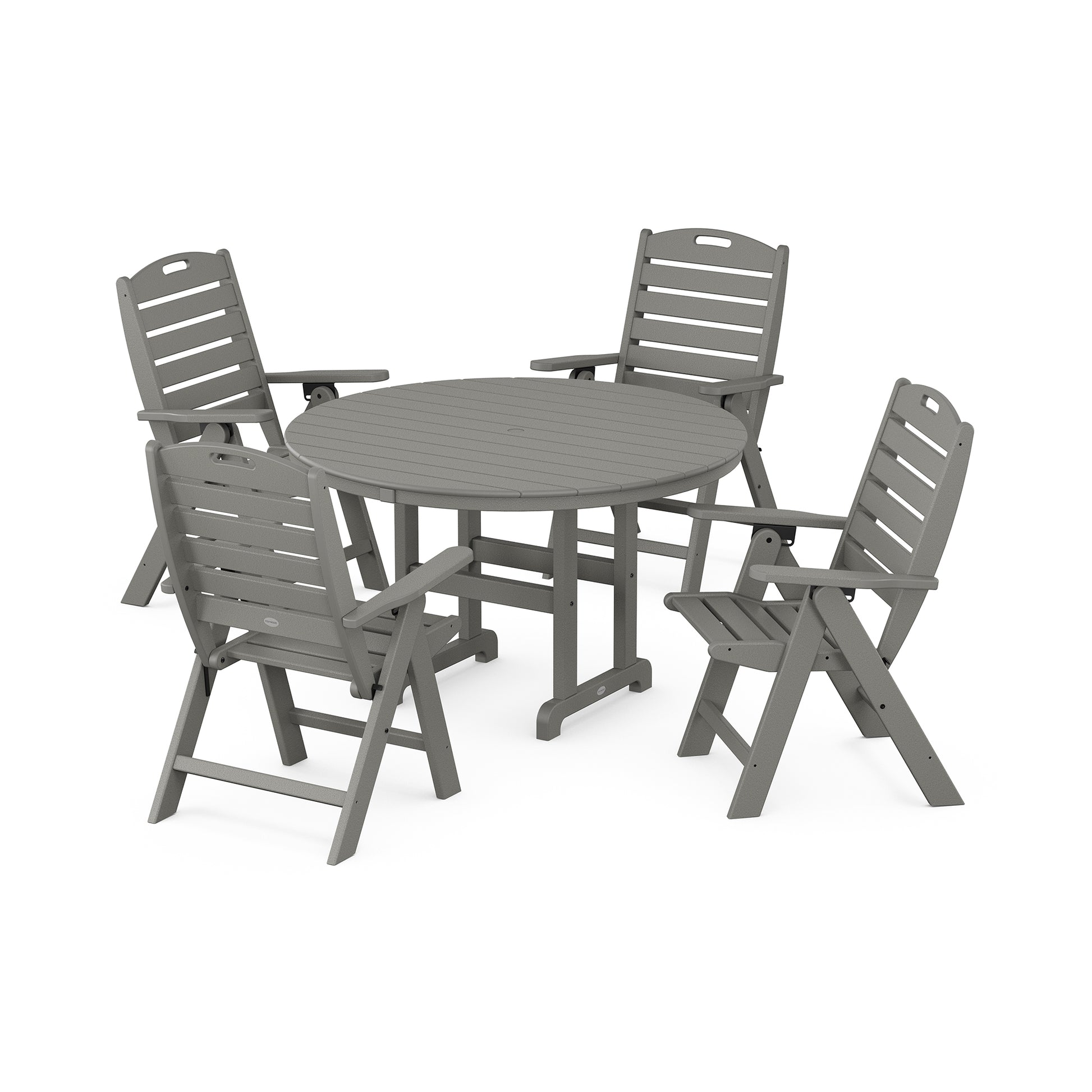 A five-piece POLYWOOD® Nautical 5-Piece Dining Set featuring a round table and four chairs made of gray plastic, designed in a slatted style. The chairs are foldable.