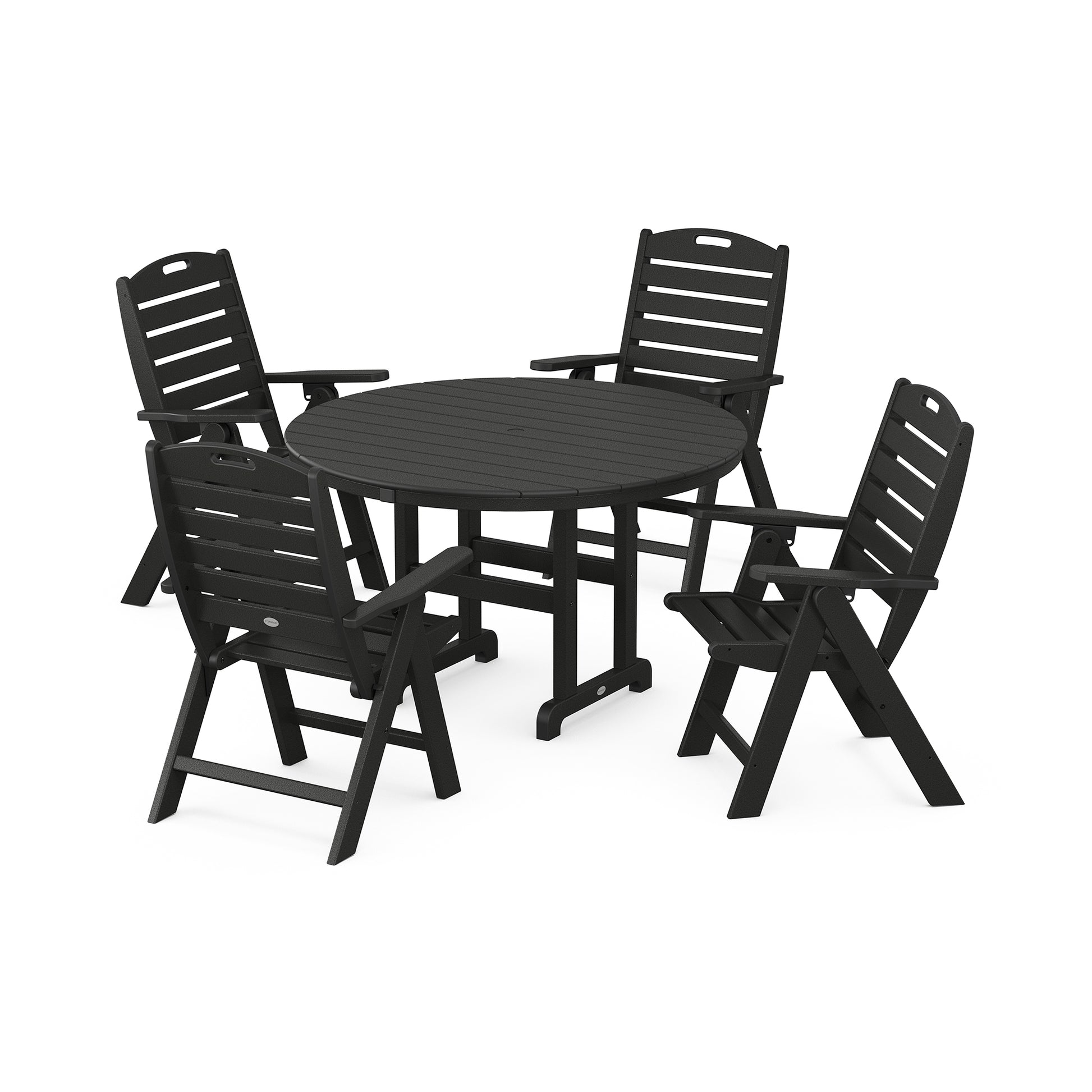 A black POLYWOOD® Nautical 5-Piece Dining Set comprising one round table and four folding chairs on a white background. The chairs feature vertical slat backs.