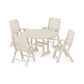 A set of light beige POLYWOOD® Nautical 5-Piece Dining Set including one round table and four folding chairs on a white background.