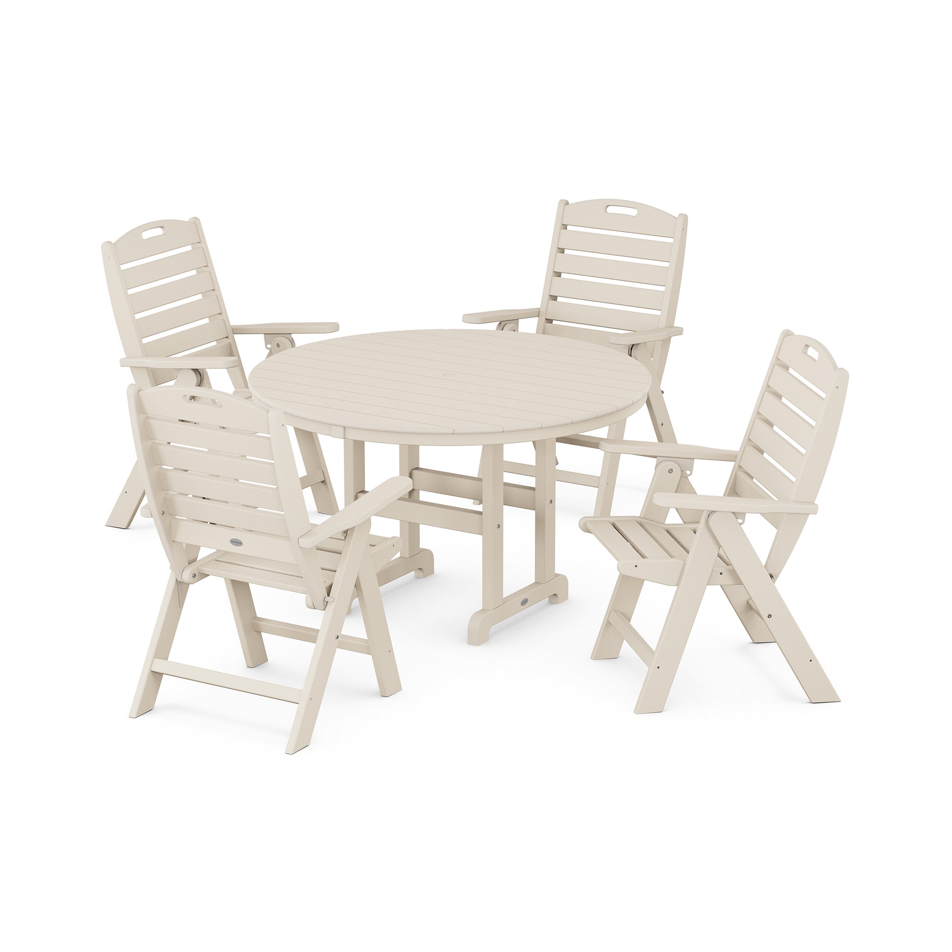 POLYWOOD Nautical Dining Set featuring a round beige table and four matching chairs.
