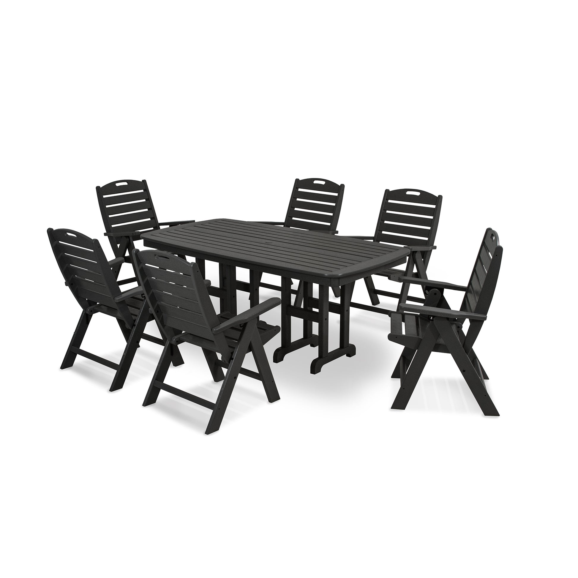 POLYWOOD Nautical 7-Piece Dining Set featuring a dark green table and six chairs.