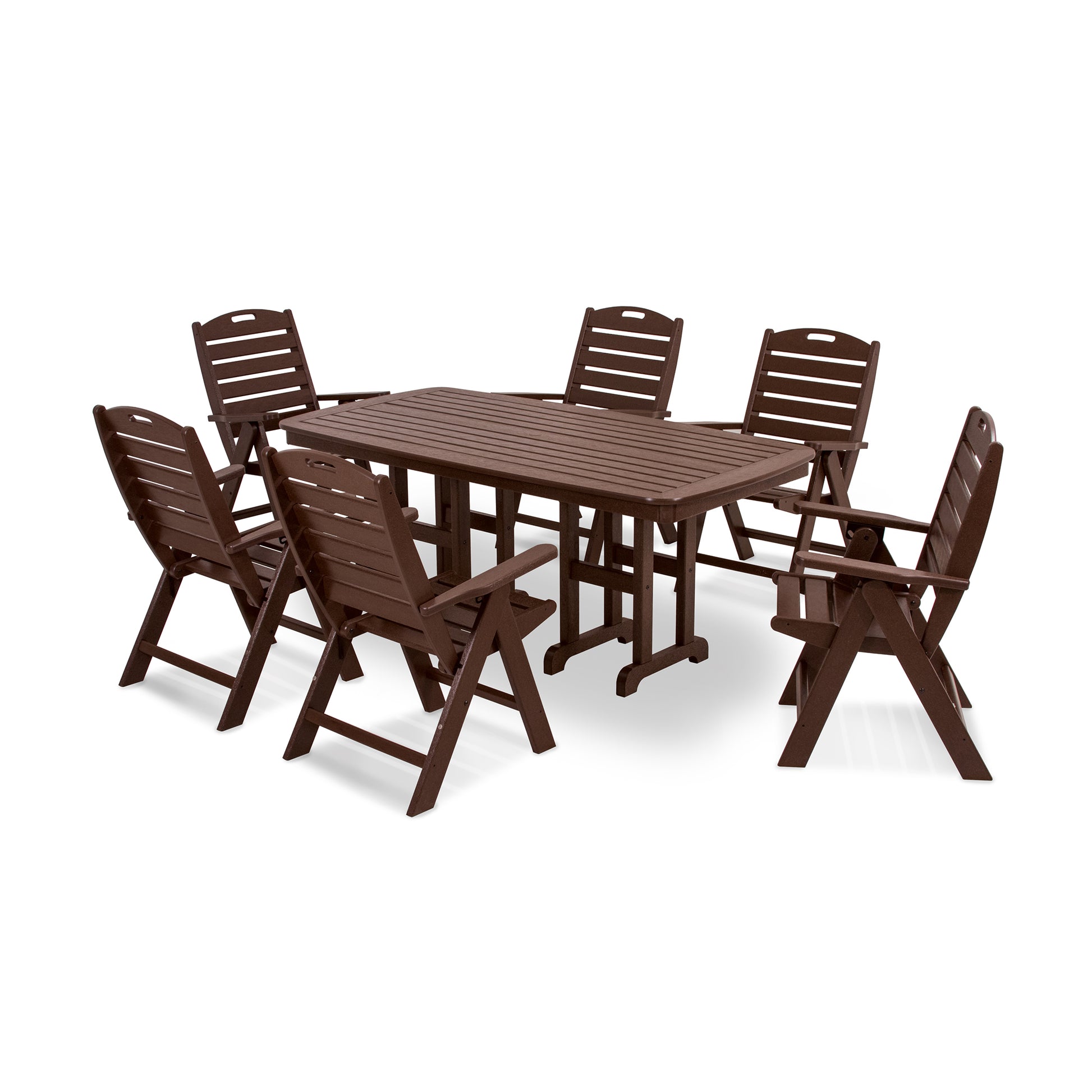 POLYWOOD Nautical 7-Piece Dining Set featuring a brown rectangular table and six matching slatted chairs made from recycled lumber.