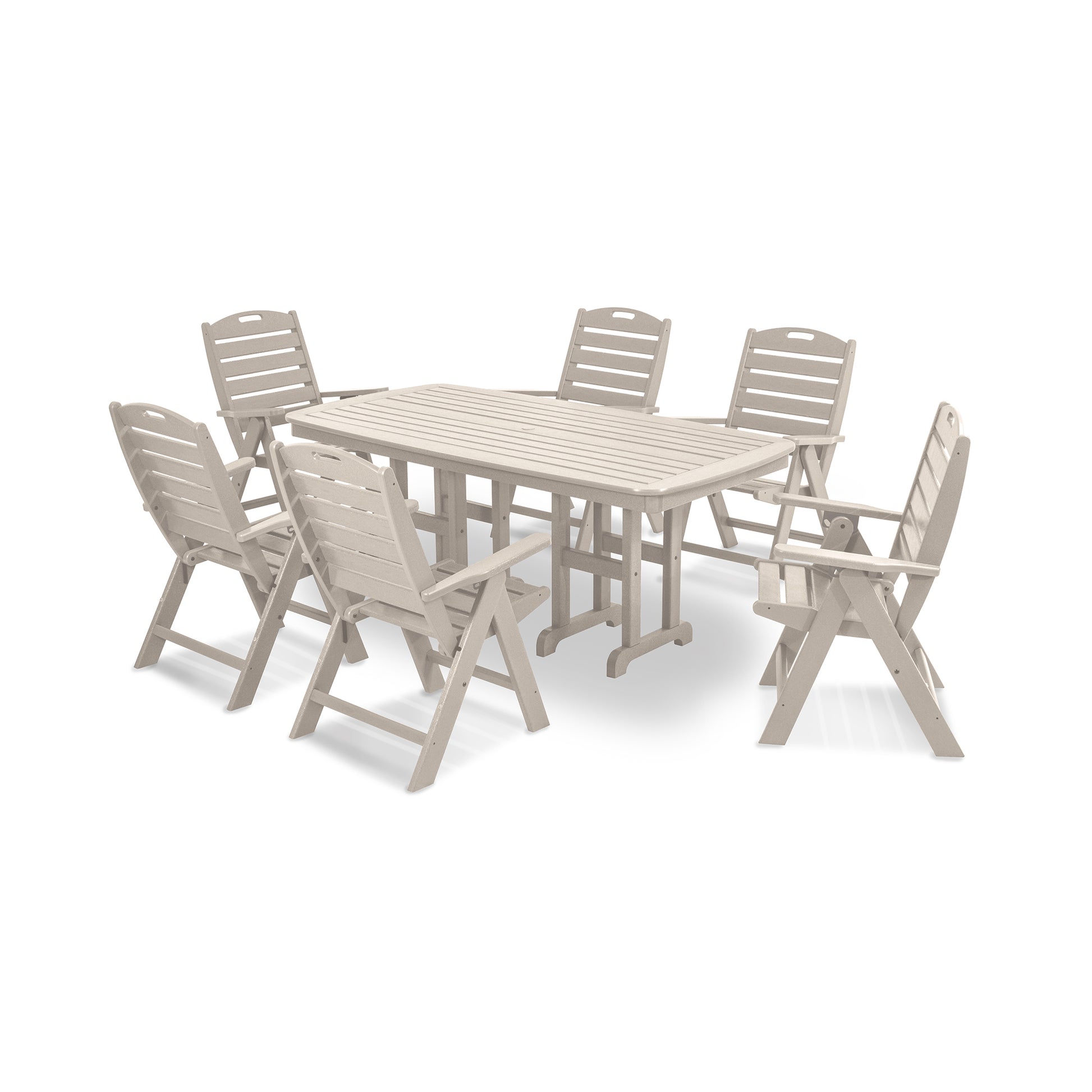 Beige POLYWOOD Nautical 7-Piece Dining Set with table and six chairs.