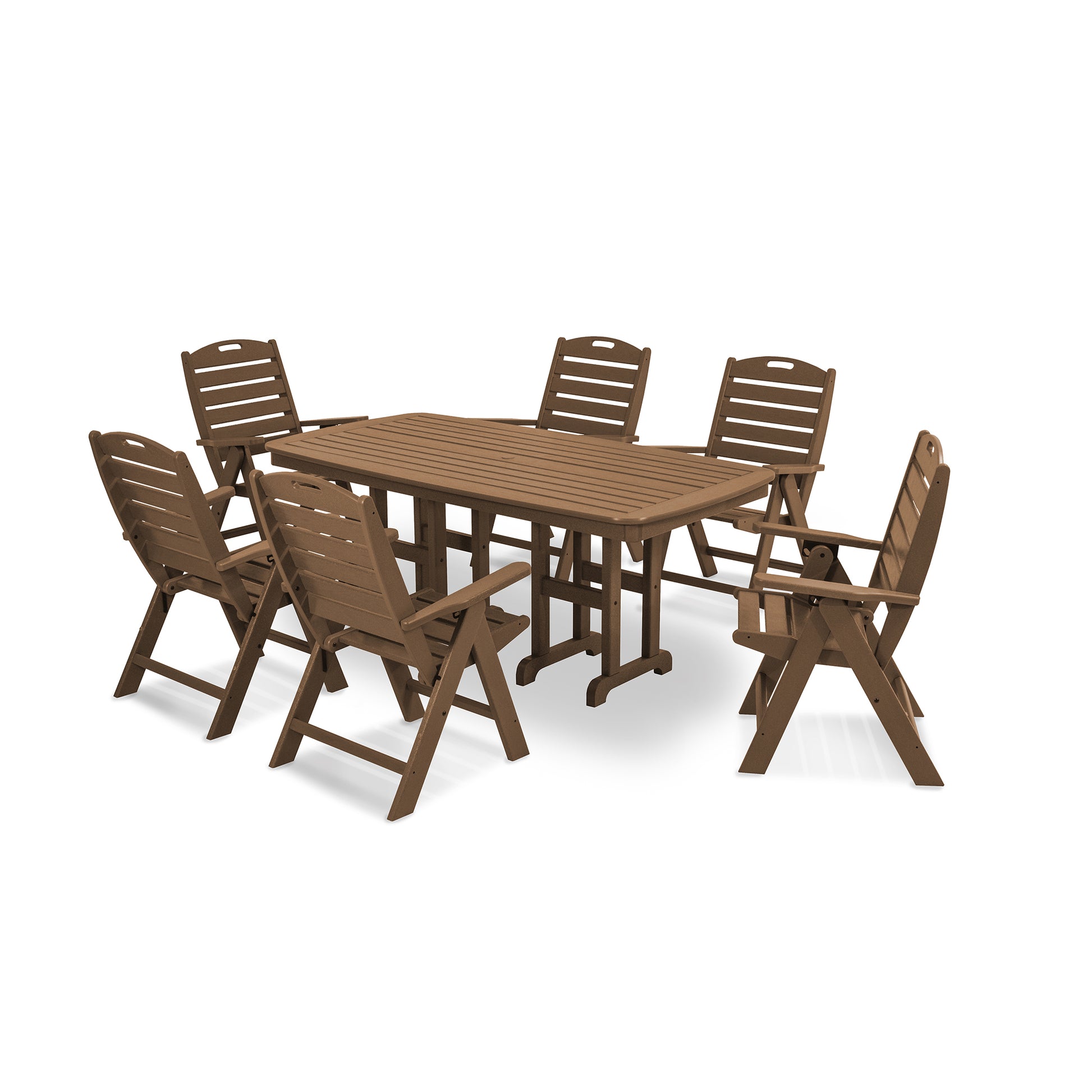 POLYWOOD Nautical 7-Piece Dining Set featuring a rectangular table and six slatted chairs for a nautical-inspired design.