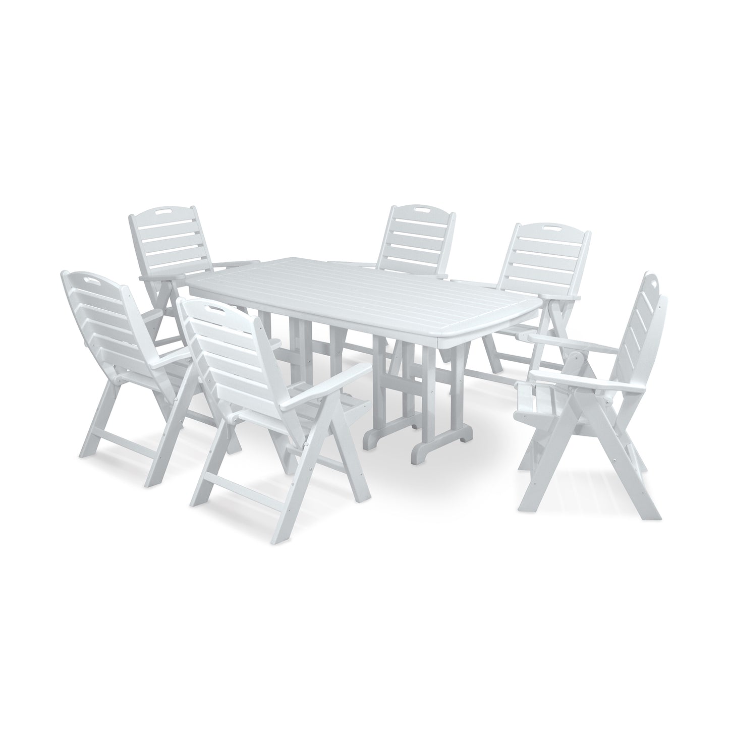 POLYWOOD Nautical 7-Piece Dining Set with a rectangular table and six white chairs made from recycled lumber, showcasing outdoor elegance.