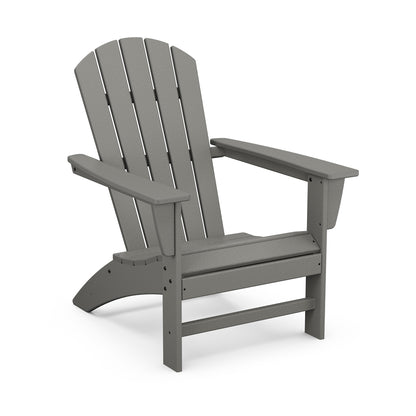 A gray eco-friendly POLYWOOD Nautical Adirondack chair made of plastic, shown in an isolated view with a plain white background, highlighting its slatted back and wide armrests.